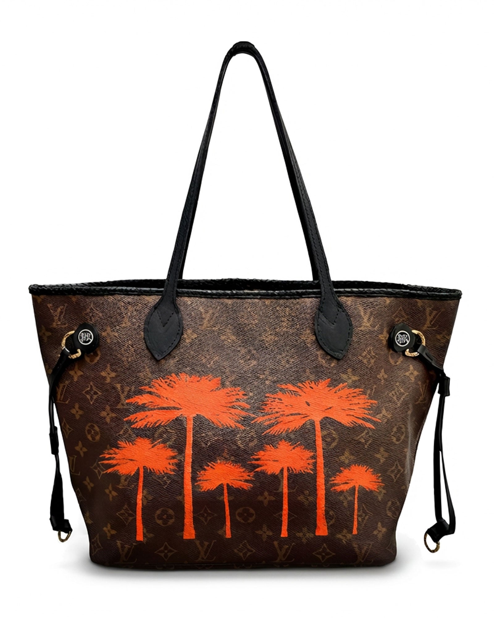 Neverfull Louis Vuitton timeless vintage tote bag, Model PALMS from PK.02 painted edition, back side in orange with painted squares reinterpreted by Philip Karto