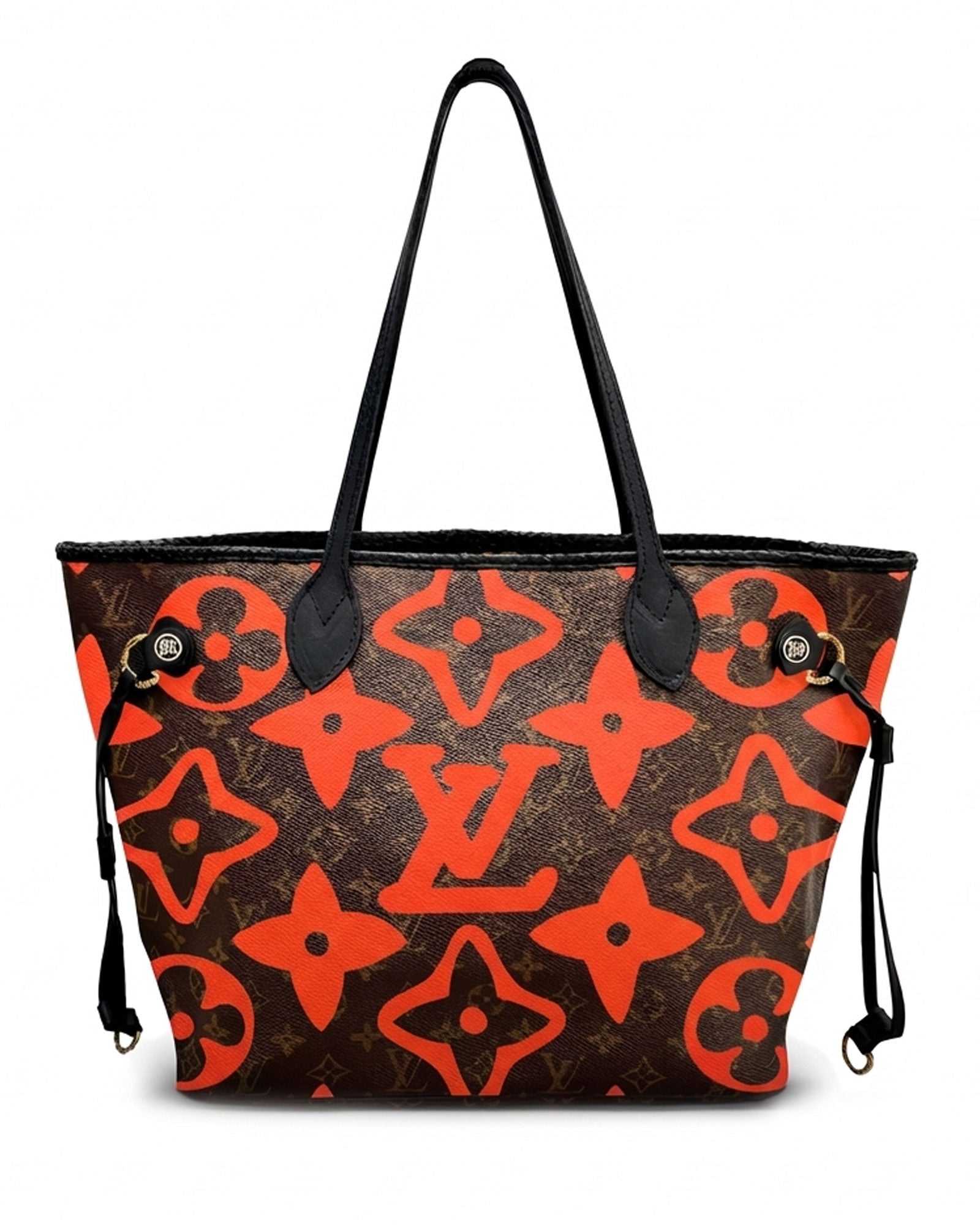 Neverfull Louis Vuitton timeless vintage tote bag, Model PALMS from PK.02 painted edition, front side with large painted LV symbols in orange,  reinterpreted by Philip Karto
