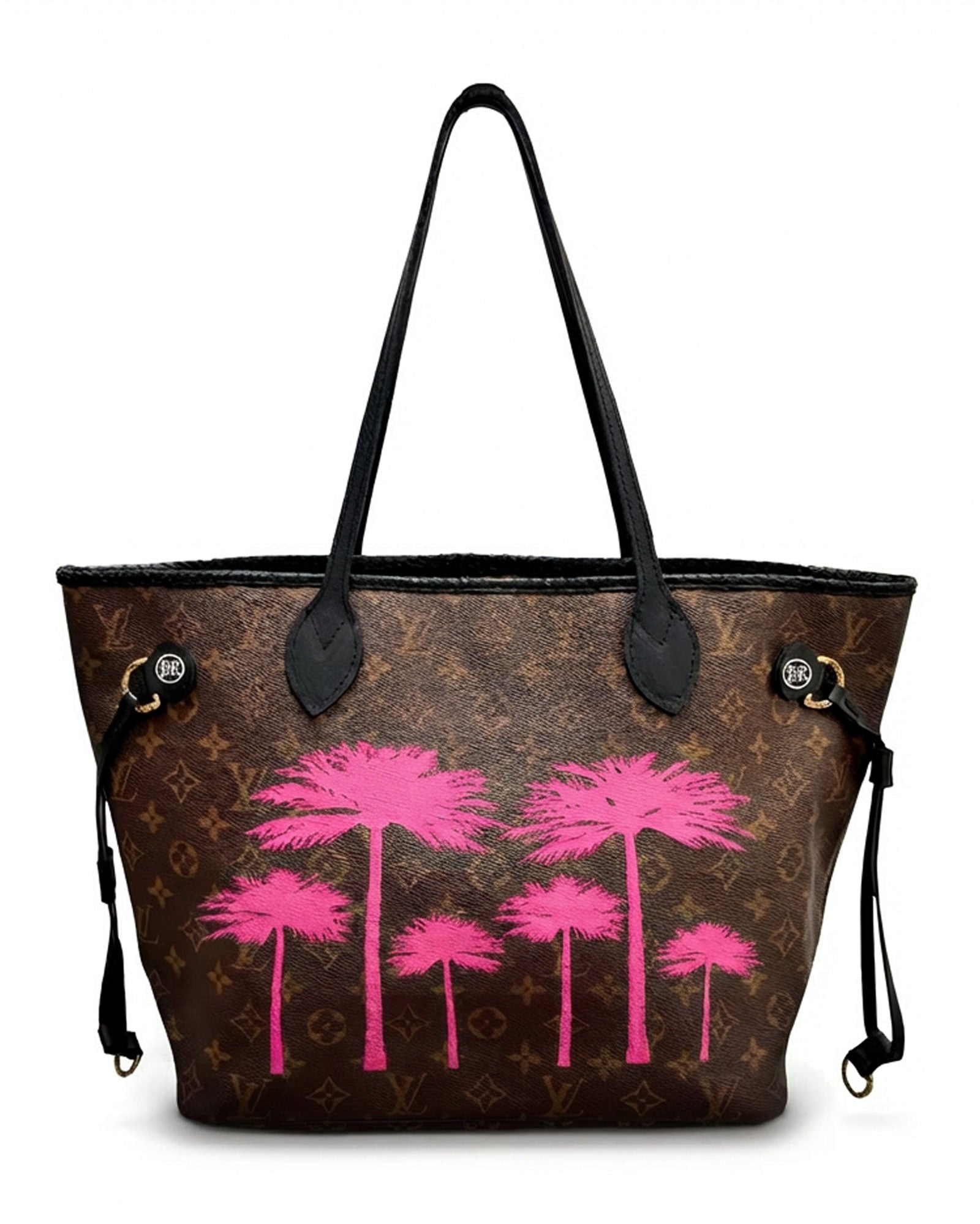Neverfull Louis Vuitton timeless vintage tote bag, Model PALMS from PK.02 painted edition, back side in pink with painted squares reinterpreted by Philip Karto