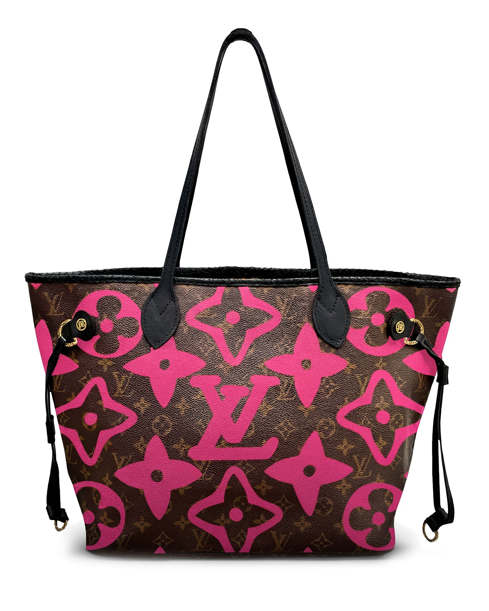 Neverfull Louis Vuitton timeless vintage tote bag, Model PALMS from PK.02 painted edition, front side with large painted LV symbols in pink,  reinterpreted by Philip Karto