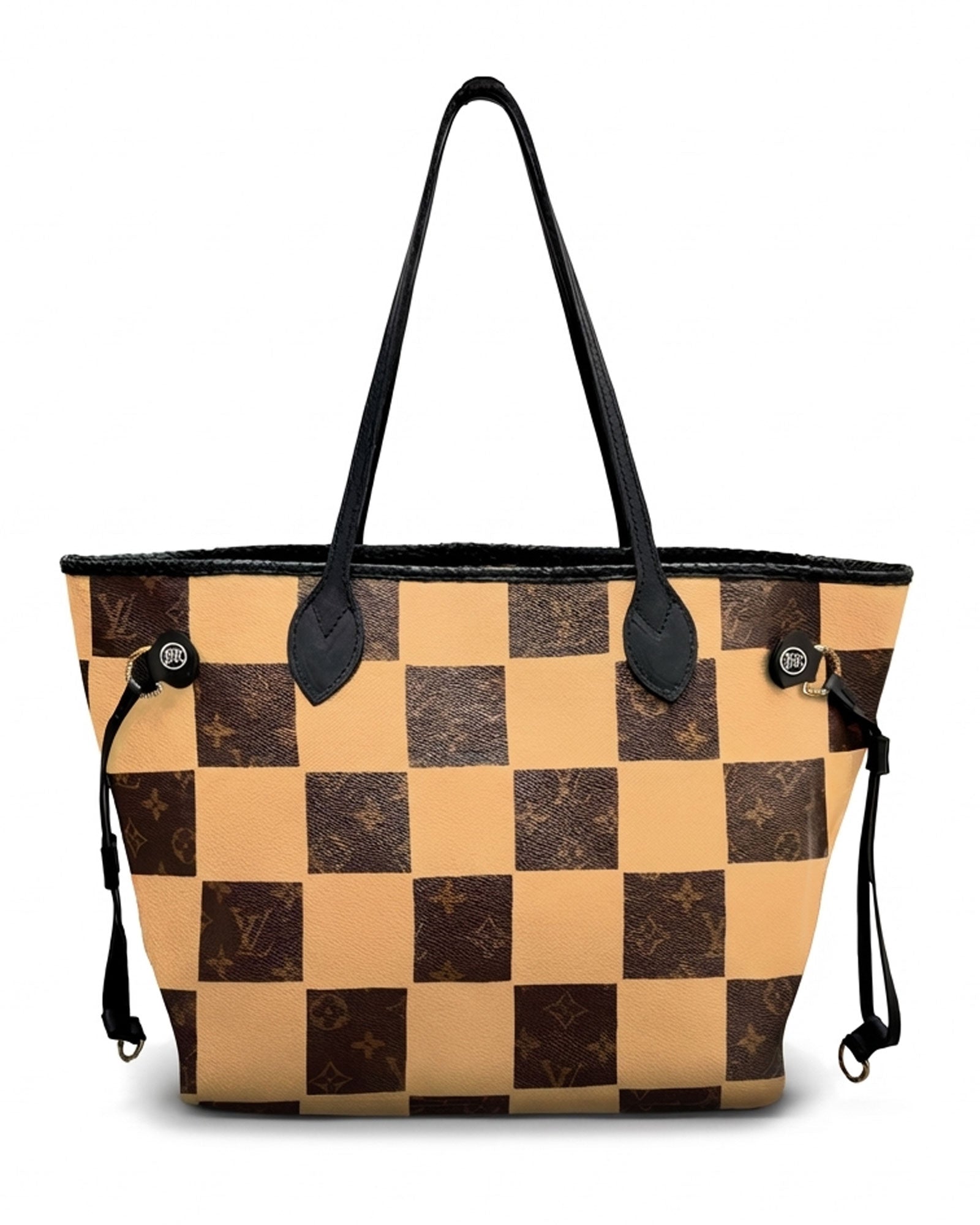 Neverfull Louis Vuitton luxury vintage tote bag, Model SQUARE from Pk.02 painted edition, back side in beige with painted squares reinterpreted by Philip Karto
