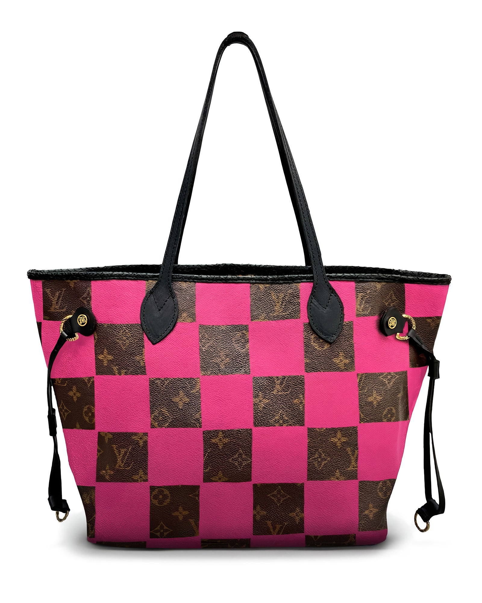 Neverfull Louis Vuitton luxury vintage tote bag, Model SQUARE from Pk.02 painted edition, back side in pink with painted squares reinterpreted by Philip Karto