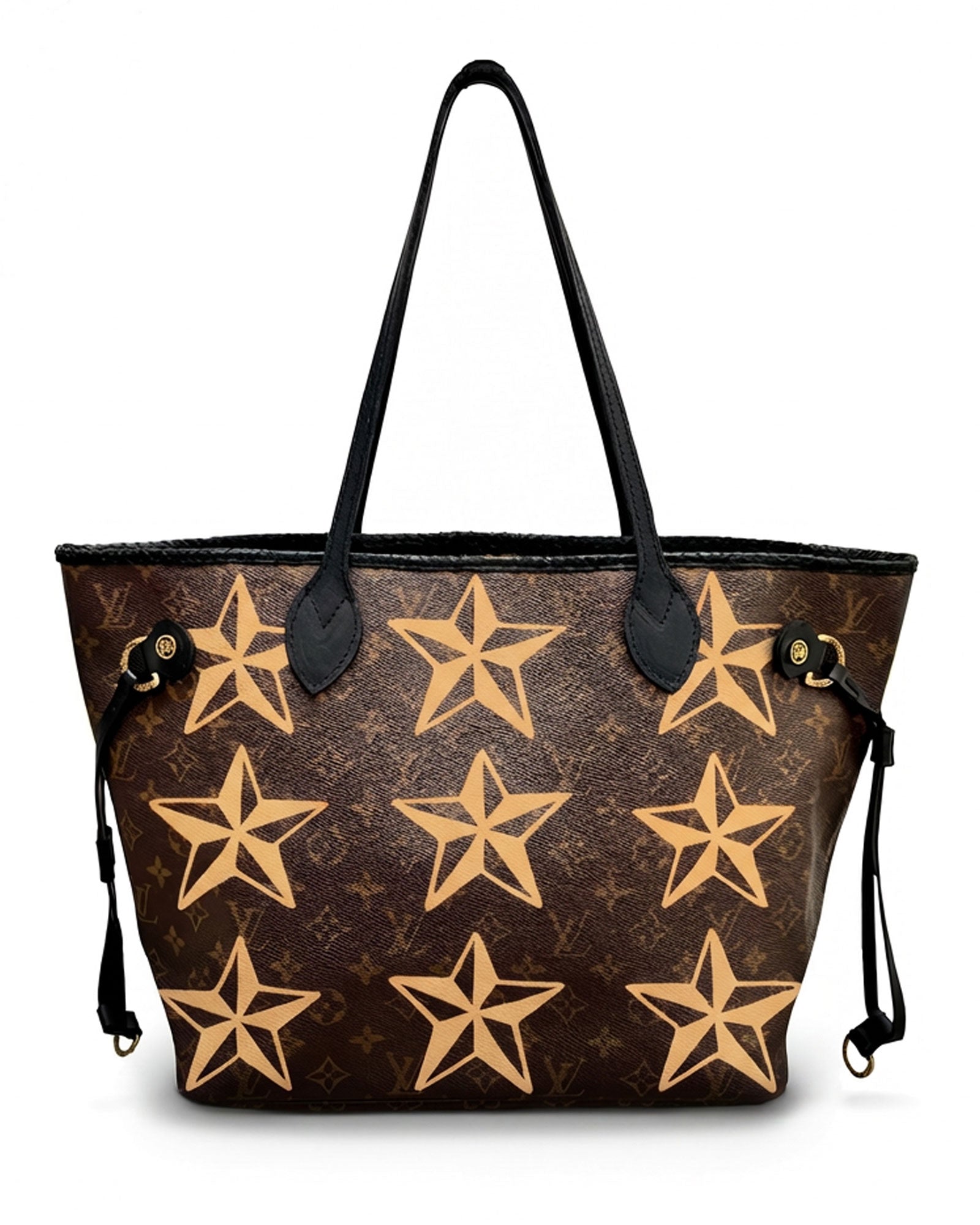 Neverfull Louis Vuitton iconic vintage tote bag, Model STARS from Pk.02 painted edition, back side in beige with painted squares reinterpreted by Philip Karto