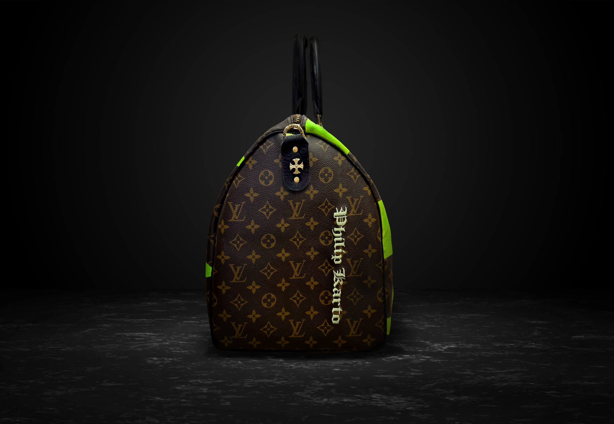 Authentic Vintage Louis Vuitton Speedy 30 with PK Square Green Hand-Painted Design by Philip Karto
