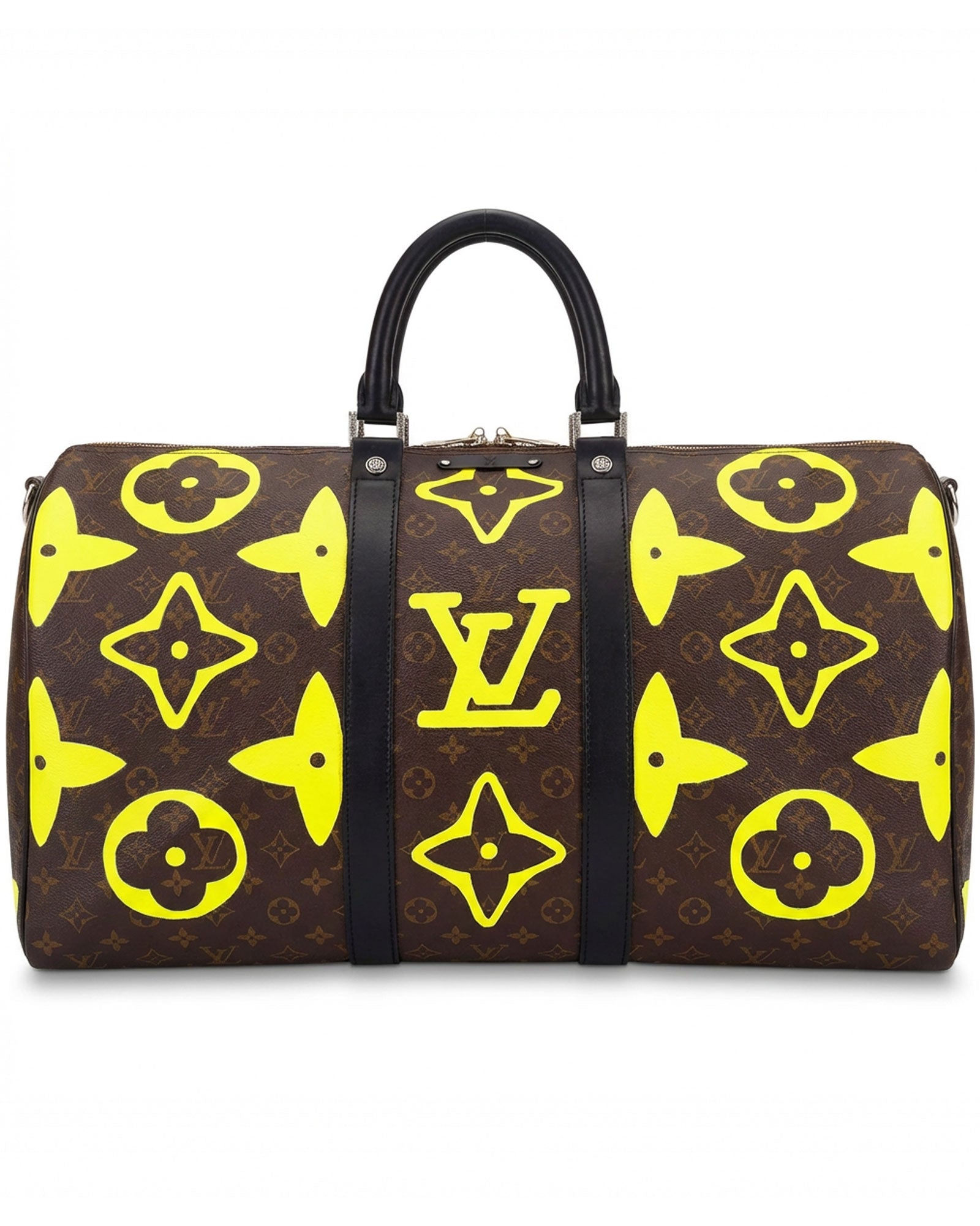 Philip Karto PK.04 Palms Speedy bag in yellow with painted LV monogram on this side and embroidered palm motifs on the other side in on vintage Louis Vuitton monogram canvas
