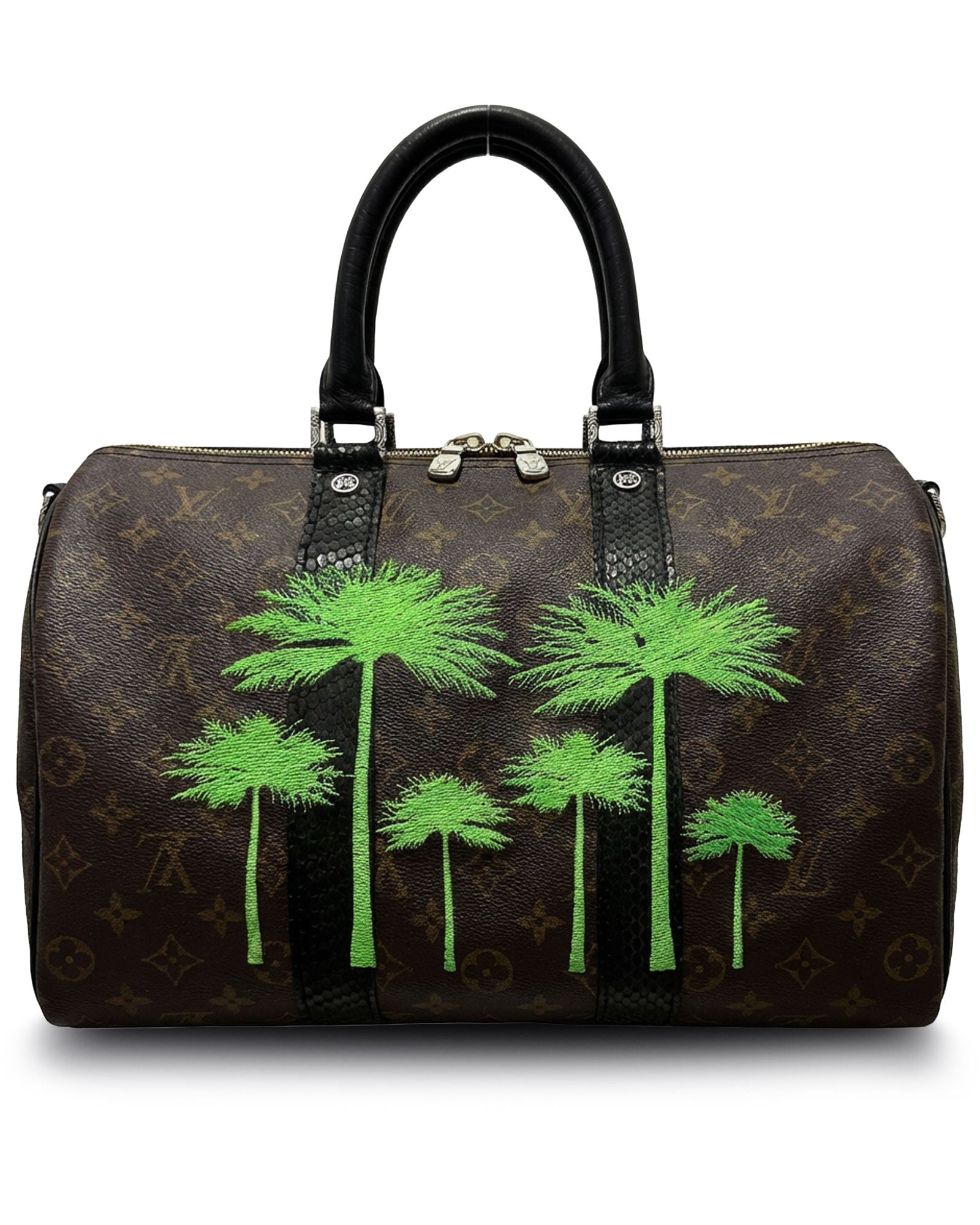 Philip Karto PK.04 Palms Speedy bag with embroidered palm motifs in green on vintage Louis Vuitton monogram canvas