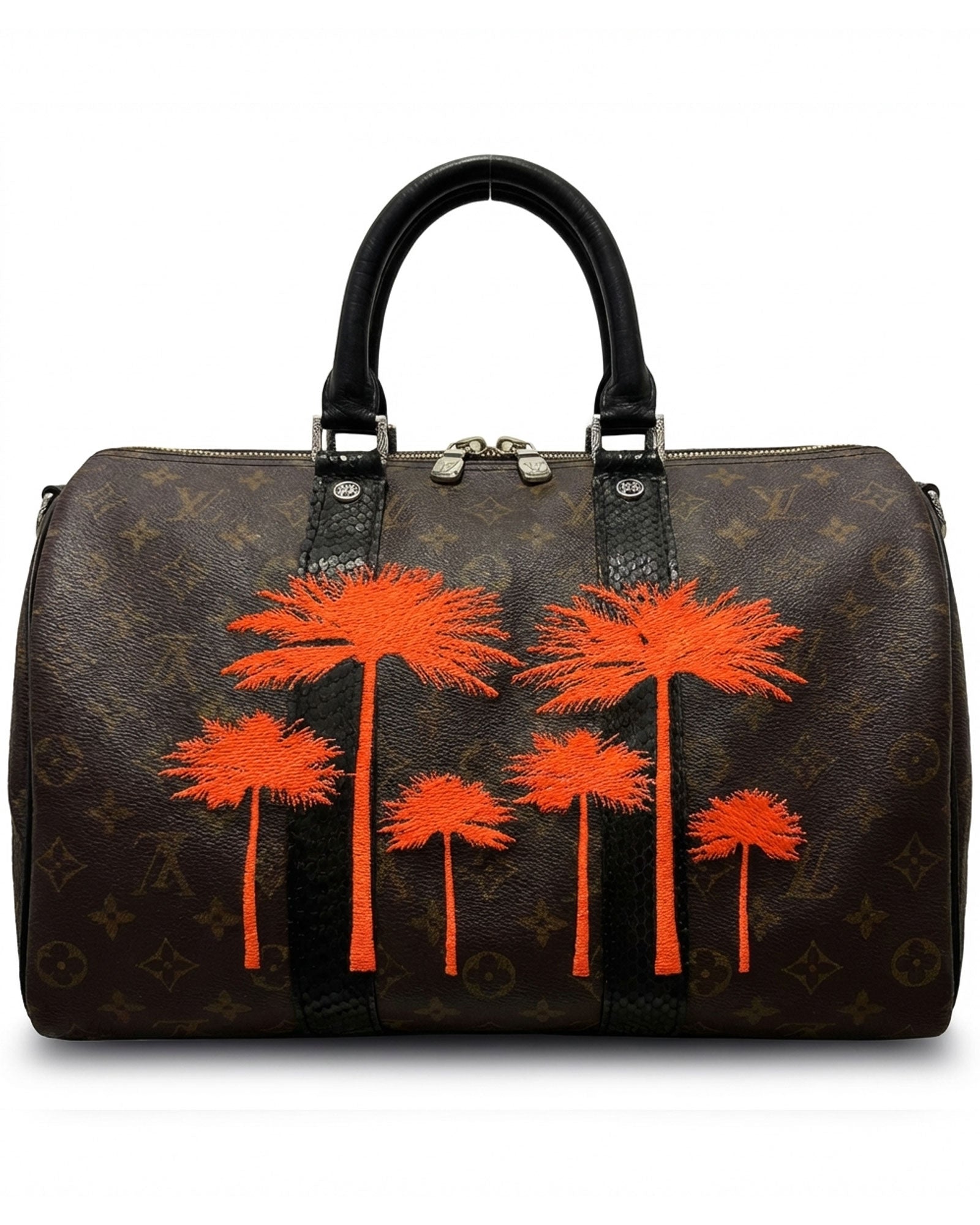 Philip Karto PK.04 Palms Speedy bag with embroidered palm motifs in orange on vintage Louis Vuitton monogram canvas