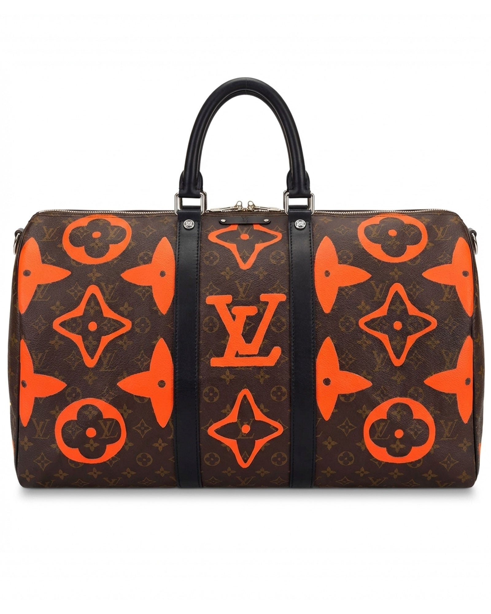 Philip Karto PK.04 Palms Speedy bag  in orange with painted LV monogram on this side and embroidered palm motifs on the other side on vintage Louis Vuitton monogram canvas