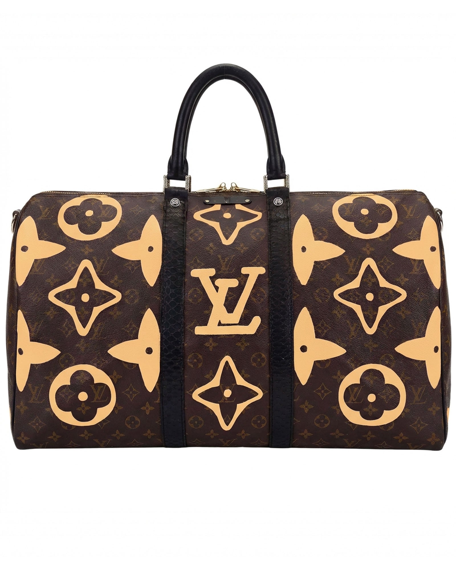 Philip Karto PK.04 Palms Speedy bag with painted LV monogram on this side and embroidered palm motifs on the other side in beige on vintage Louis Vuitton monogram canvas