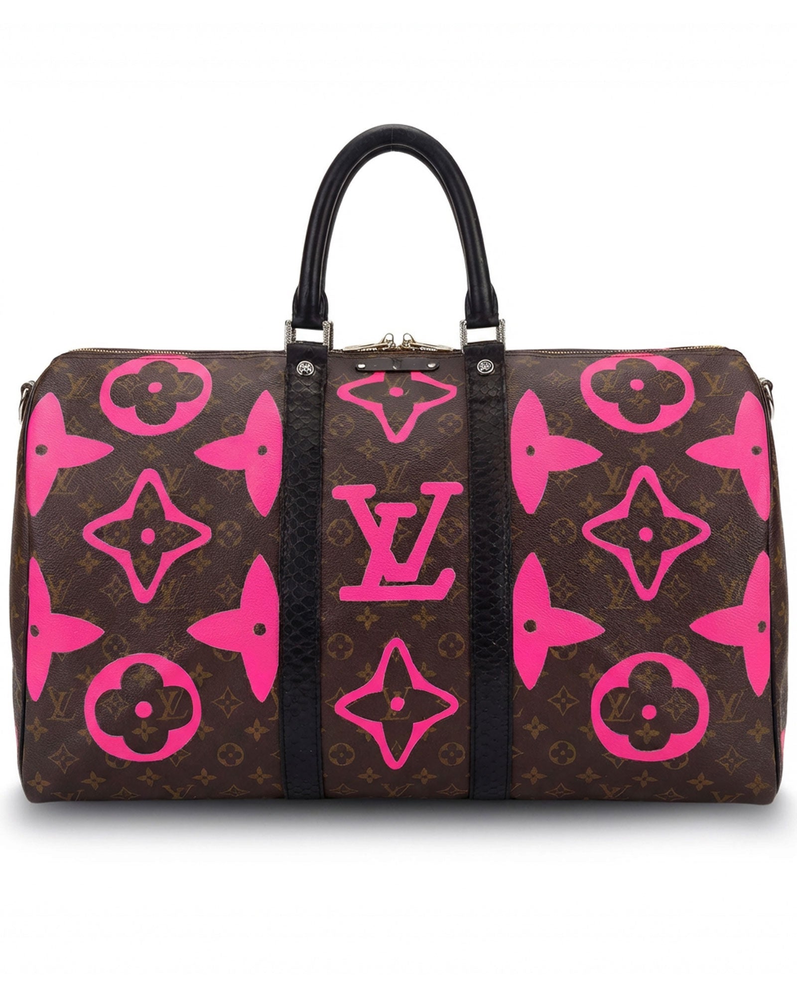 Philip Karto PK.04 Palms Speedy bag in pink with painted LV monogram on this side and embroidered palm motifs on the other side on vintage Louis Vuitton monogram canvas