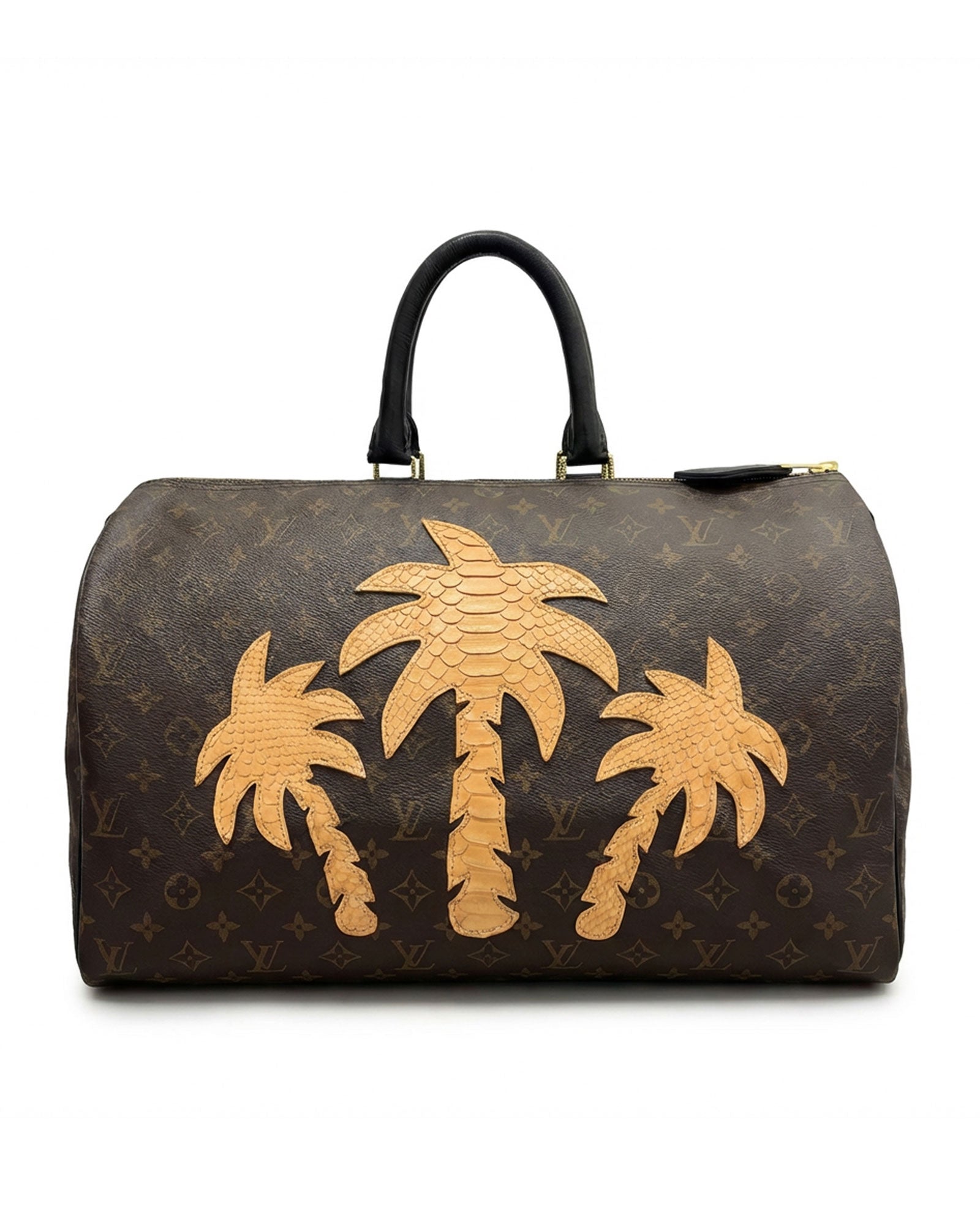 Philip Karto PK.05 Palms Python Speedy bag in beige with python leather palm patches on vintage Louis Vuitton monogram canvas
