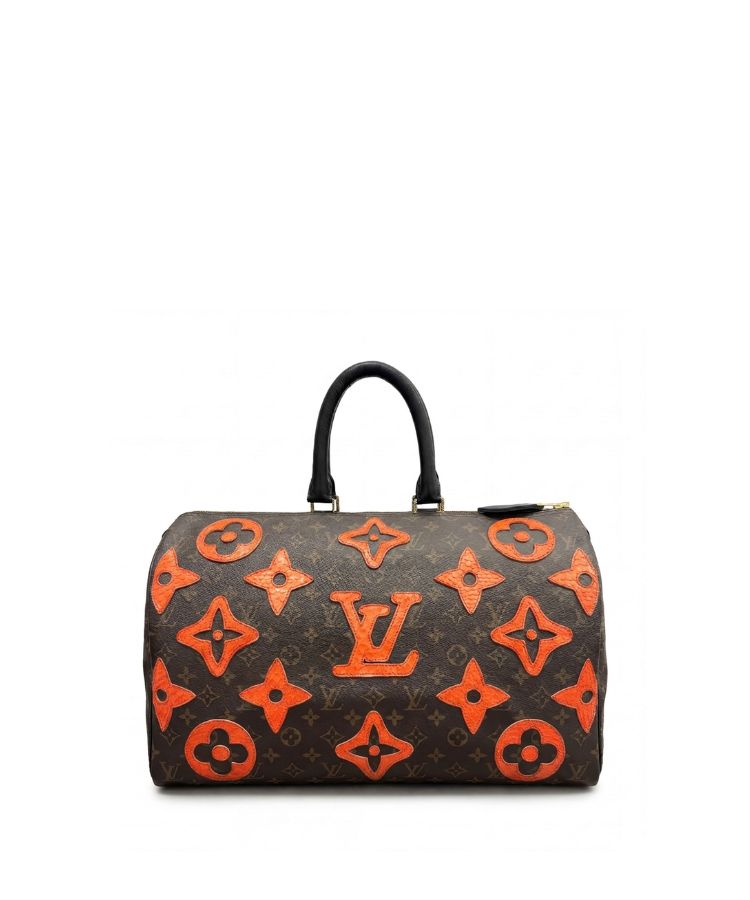 Philip Karto Python Speedy bag in orange with python leather LV pattern patches on the back side of a vintage Louis Vuitton monogram canvas