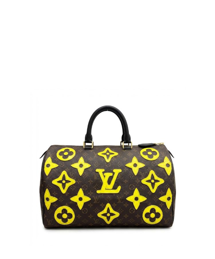 Philip Karto PK.05 Python Speedy bag in yellow with python leather LV pattern patches on the back side of a vintage Louis Vuitton monogram canvas