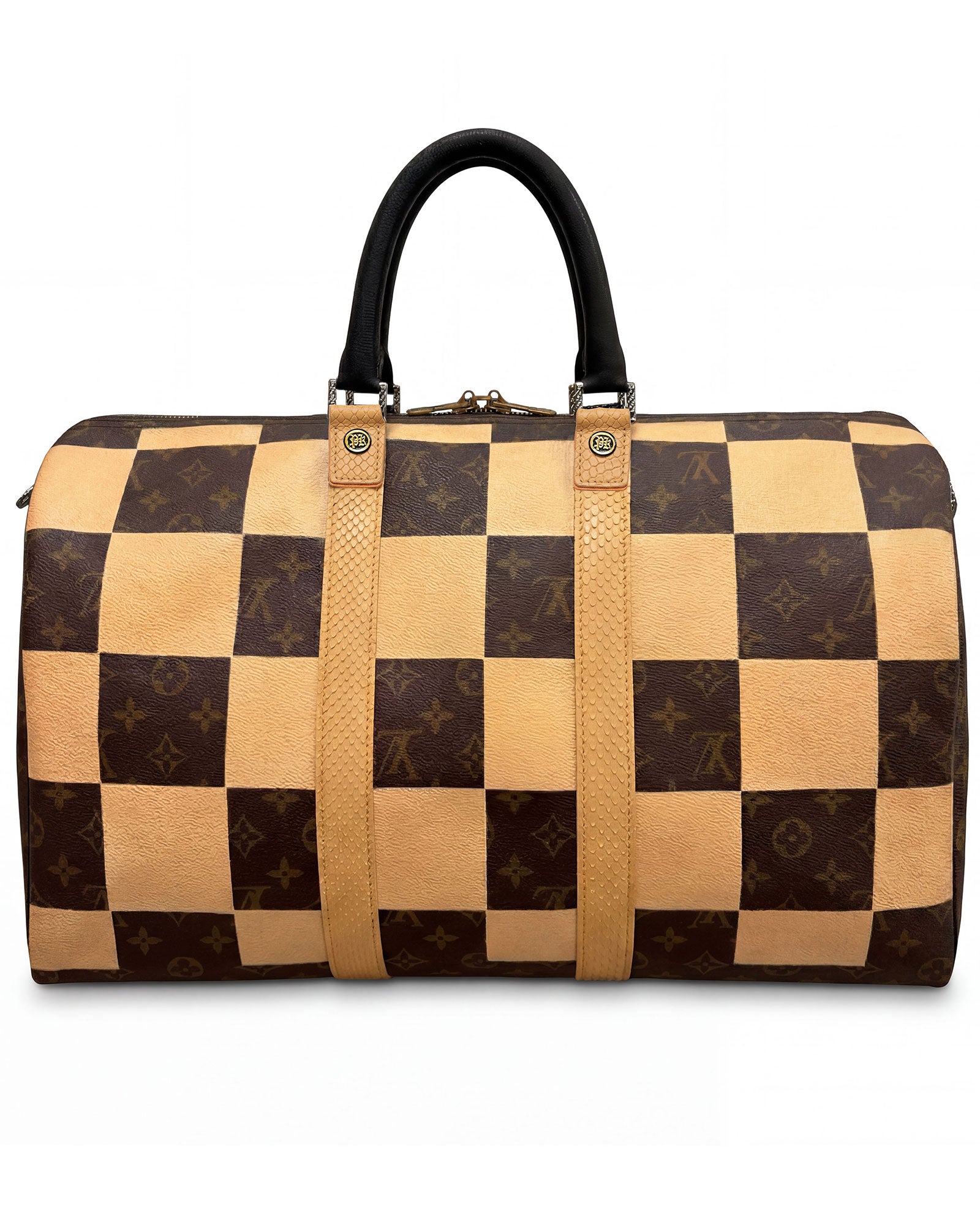 Speedy Louis Vuitton luxury vintage handbag, Model SQUARE from Pk.02 painted edition, front side with large painted LV symbols in beige,  reinterpreted by Philip Karto