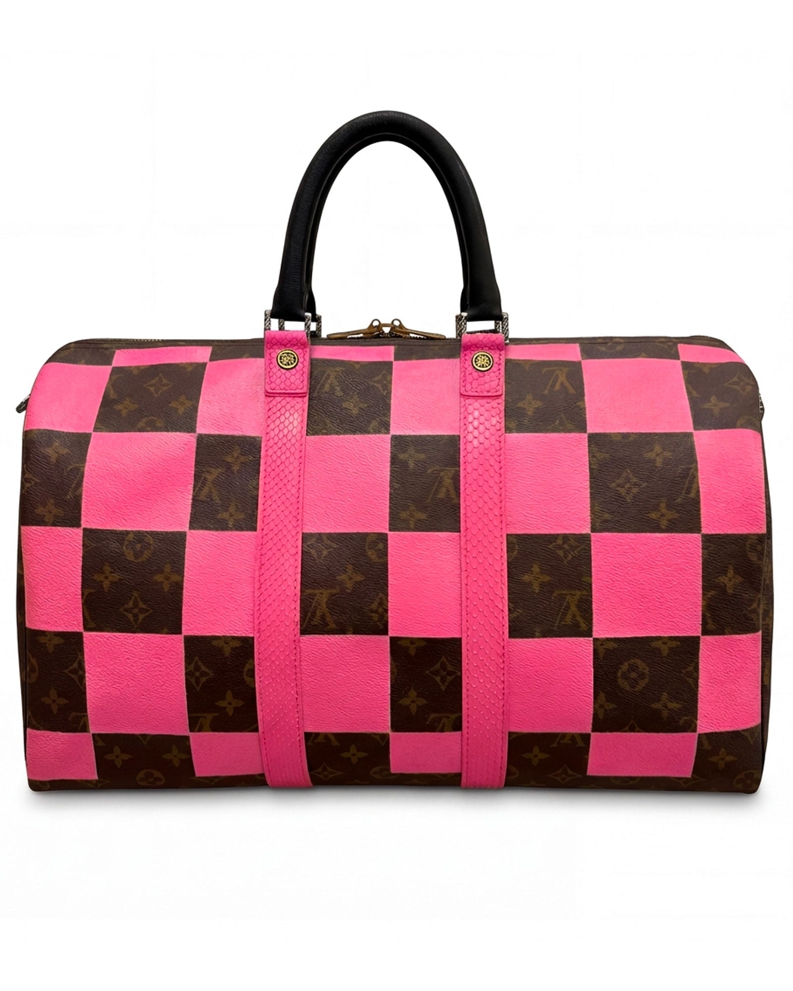 Speedy Louis Vuitton luxury vintage handbag, Model SQUARE from Pk.02 painted edition, front side with large painted LV symbols in pink,  reinterpreted by Philip Karto