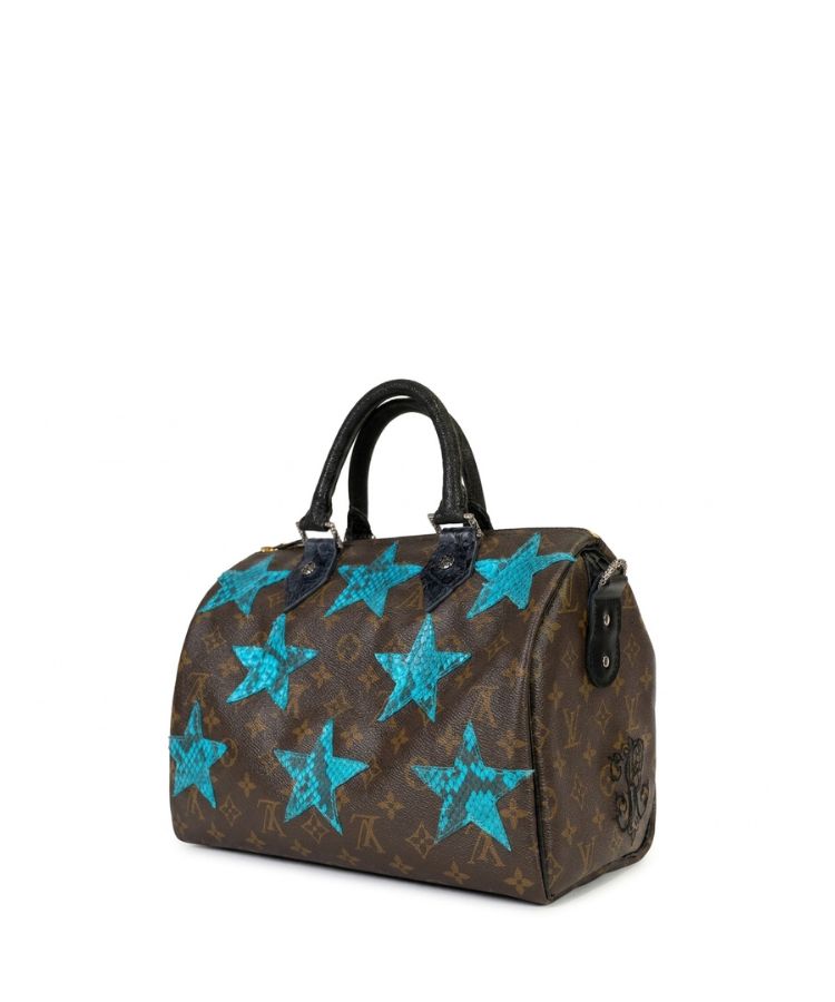 Philip Karto PK.05 Stars Python Speedy bag with raised python leather stars in blue on vintage Louis Vuitton monogram canvas