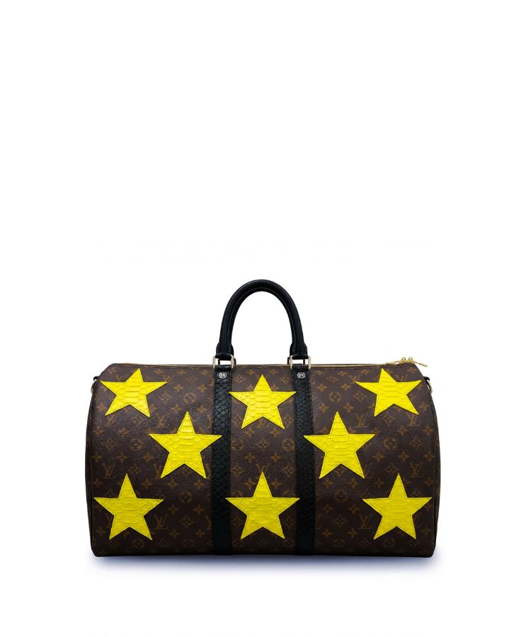 Philip Karto PK.05 Stars Python Speedy bag with raised python leather stars in yellow on vintage Louis Vuitton monogram canvas