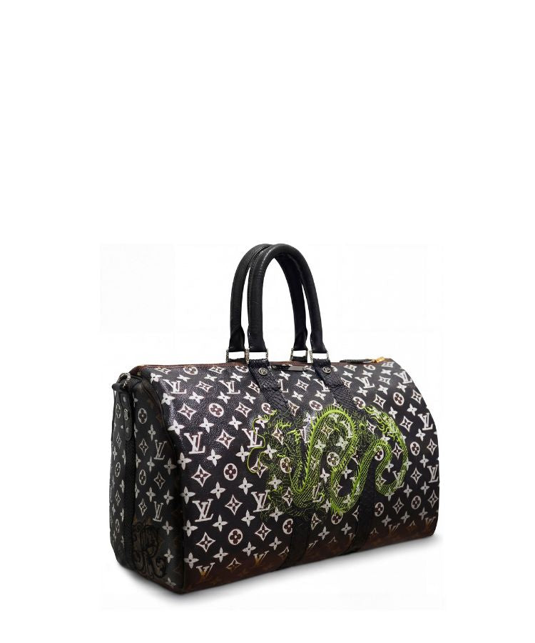 Philip Karto handbag with Louis Vuitton monogram pattern and green snake design on a white background