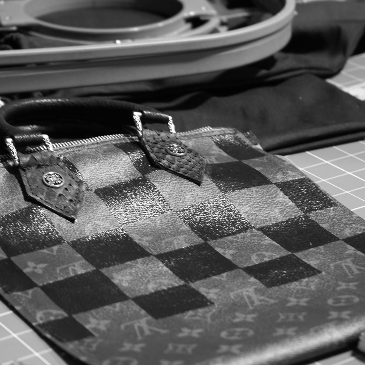 details of the transformation process of a Louis Vuitton monogram bag by Philip Karto for one-of-one commission services