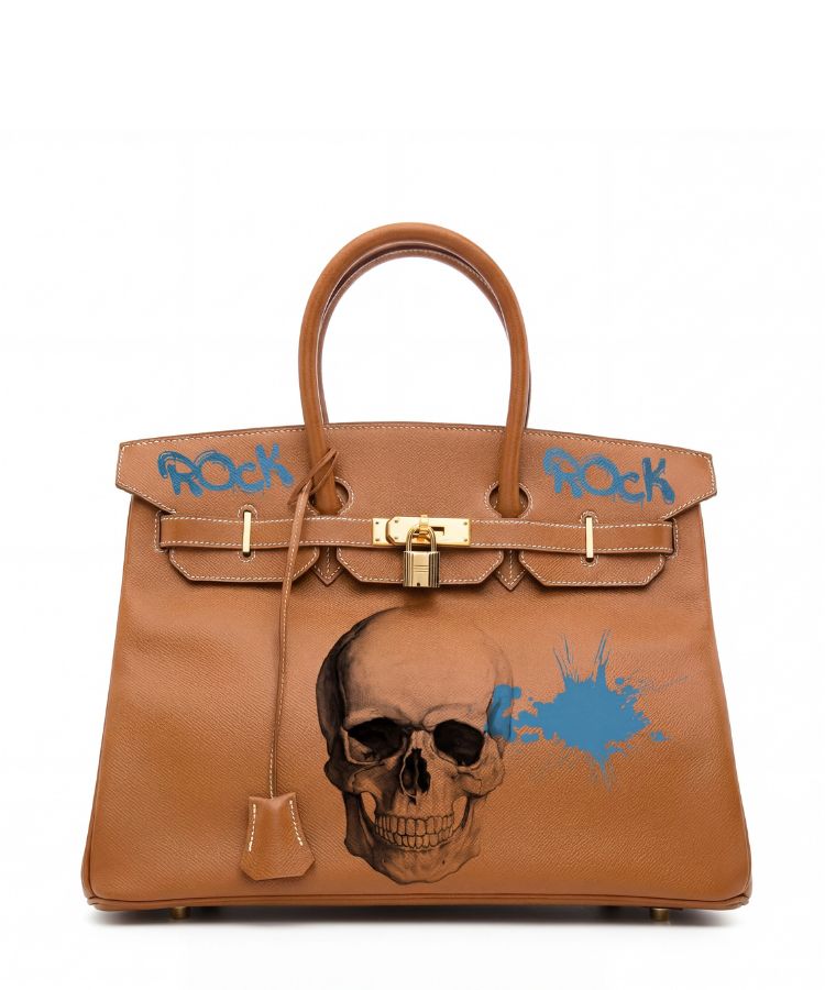 Philip Karto PK.02 ROCK N' ROLL Birkin bag with hand-painted skull and Rock typography in blue on gold Hermès leather