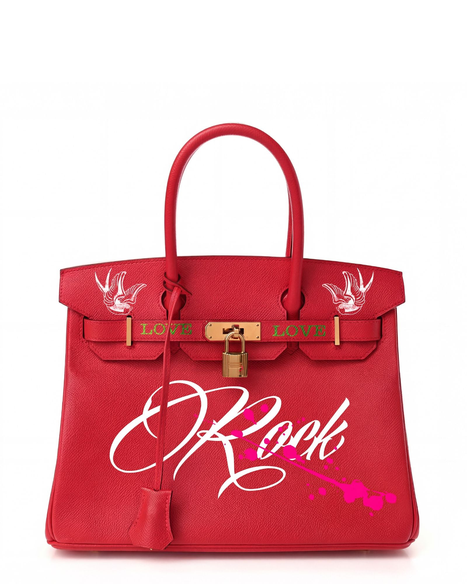 Philip Karto PK.02 Skull Love Rock Birkin bag with hand-painted symbols and lettering on Hermès leather