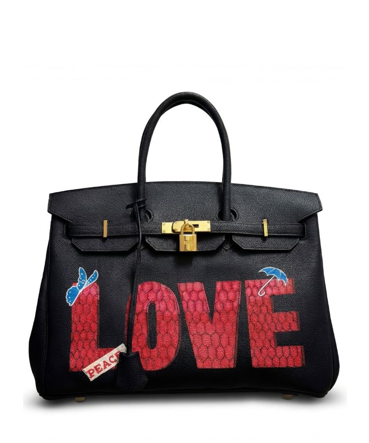 Philip Karto PK.02 The Best Version of Myself Birkin bag with red python LOVE letterforms and Peace detail on black Hermès leather