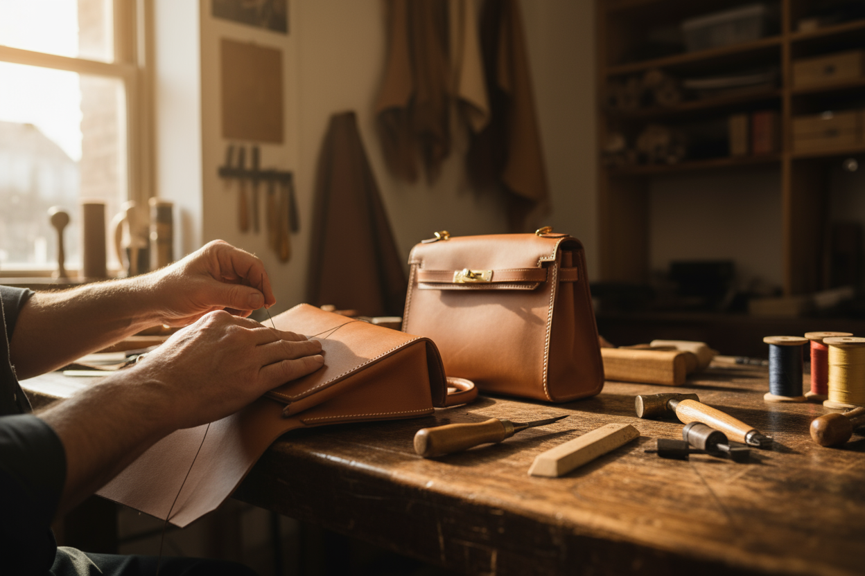 image that show "Handcrafted Excellence - Our artisans sculpt every bag by hand, ensuring no two pieces are ever the same."