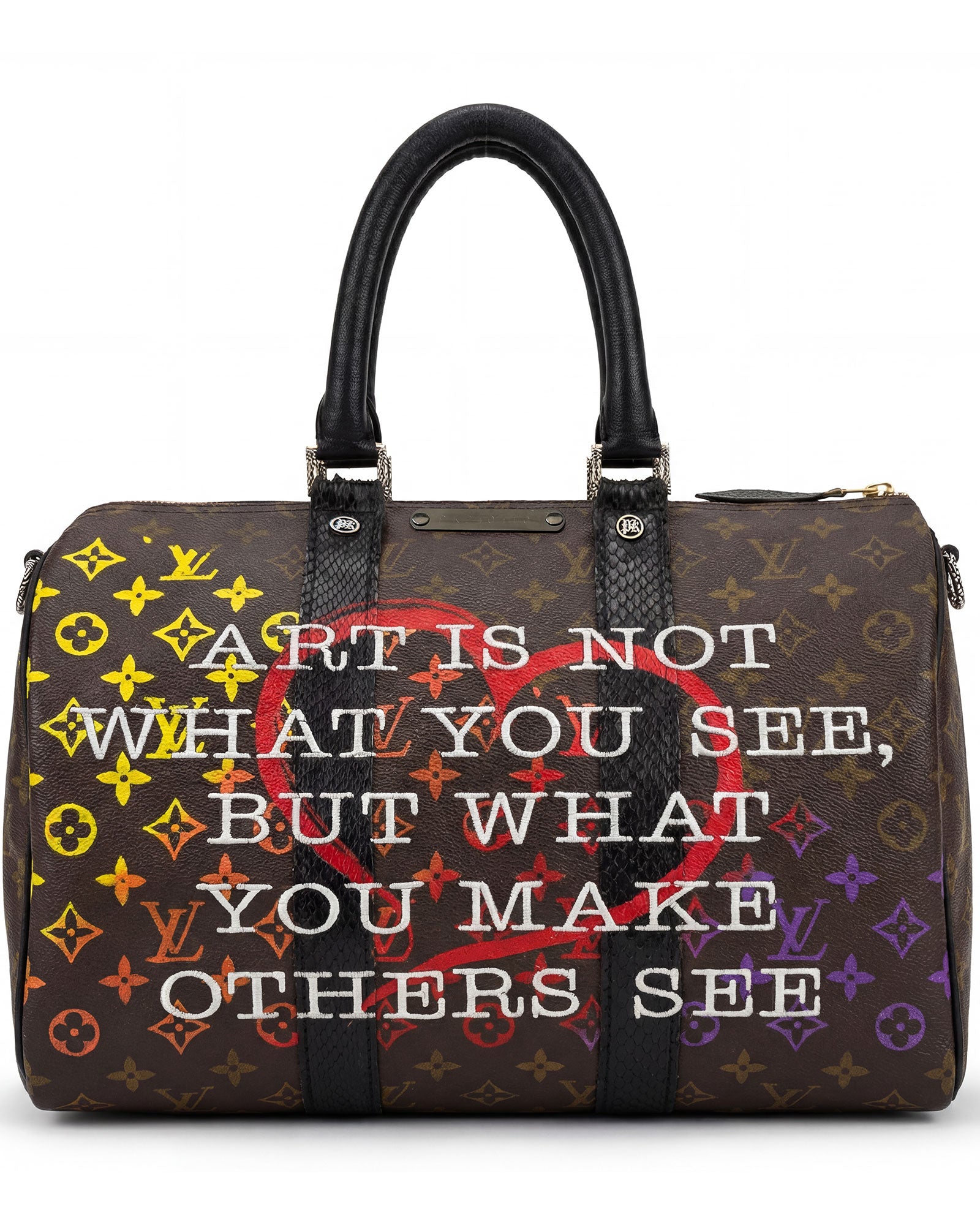 Back view of Philip Karto PK.03 Good Vibes Keepall bag created from vintage Louis Vuitton canvas