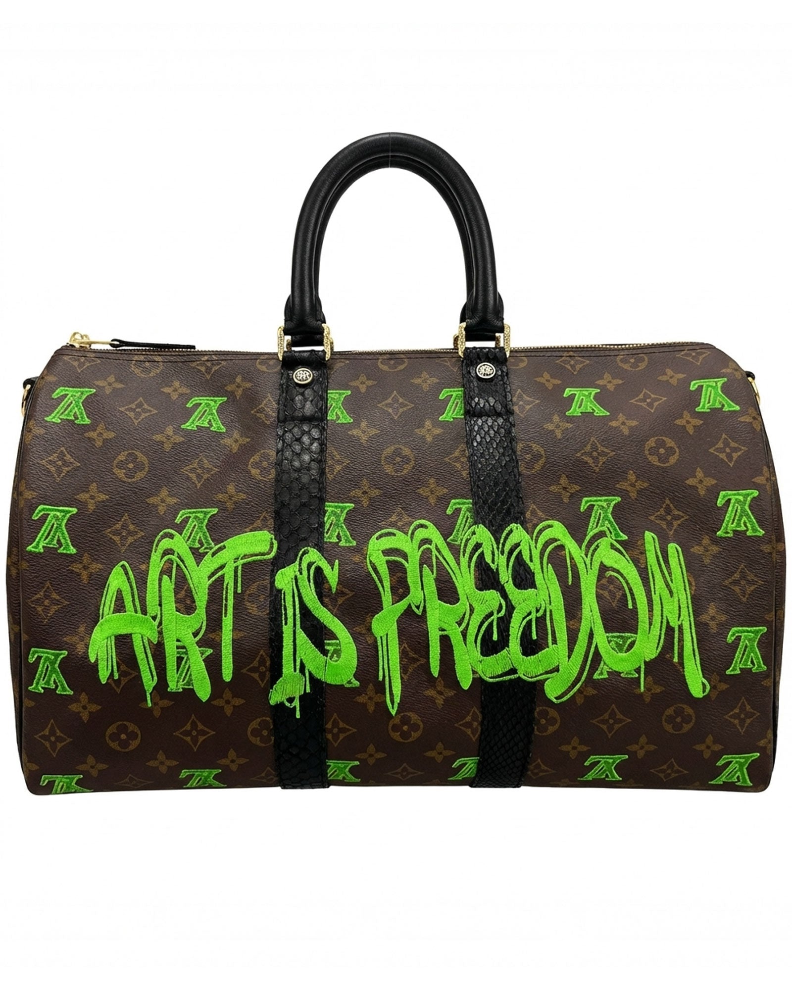 Philip Karto PK.04 Art Is Freedom Keepall bag in green with embroidered statement on vintage Louis Vuitton monogram canvas