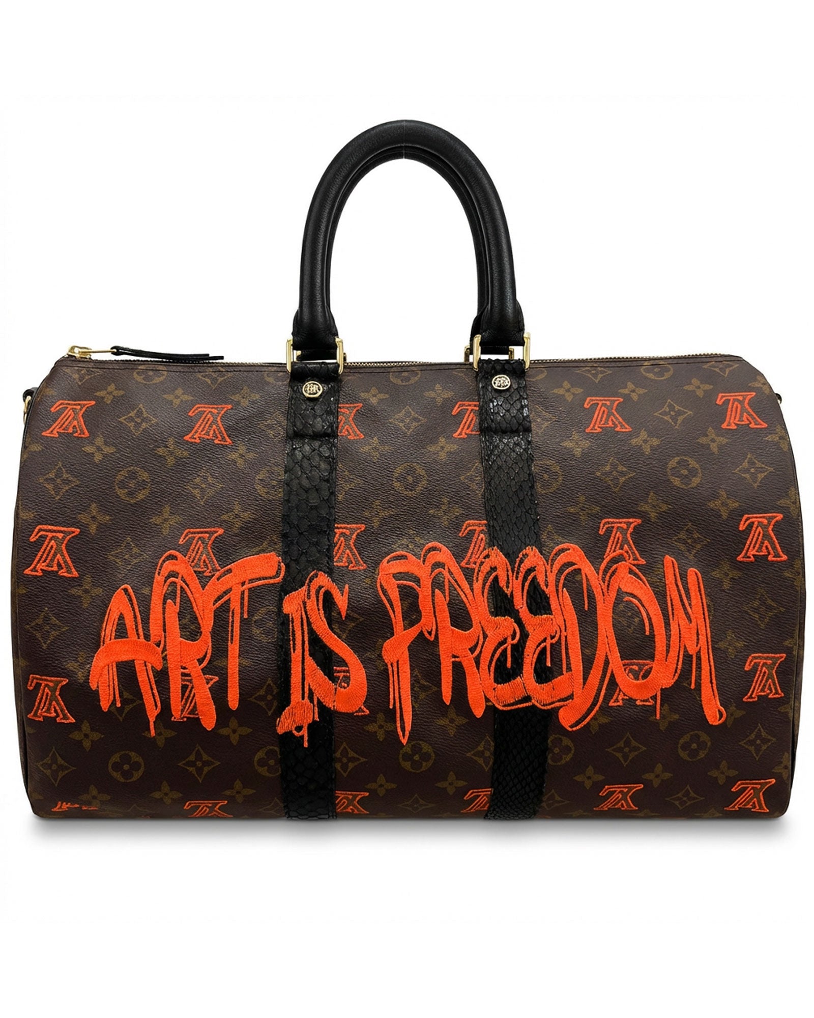 Philip Karto PK.04 Art Is Freedom Keepall bag in orange with embroidered statement on vintage Louis Vuitton monogram canvas