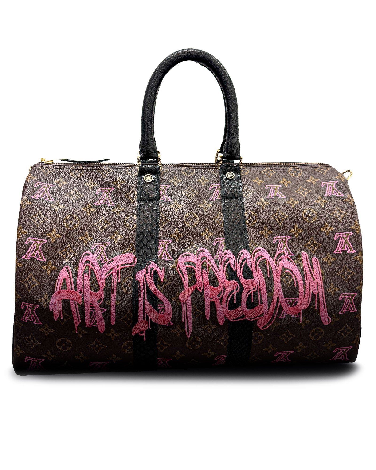 Philip Karto PK.04 Art Is Freedom Keepall bag in pink with embroidered statement on vintage Louis Vuitton monogram canvas