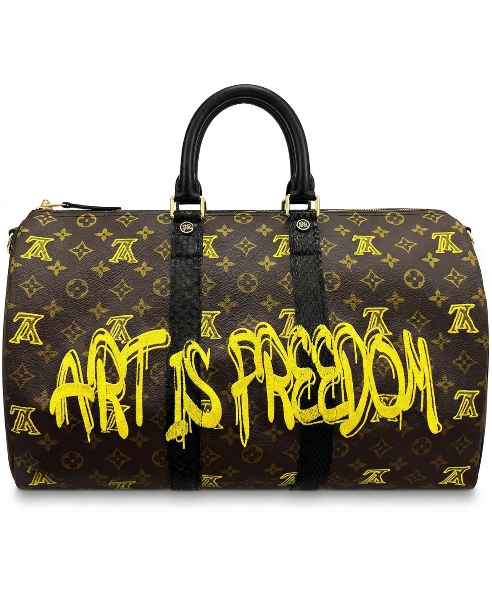 Philip Karto PK.04 Art Is Freedom Keepall bag in yellow with embroidered statement on vintage Louis Vuitton monogram canvas