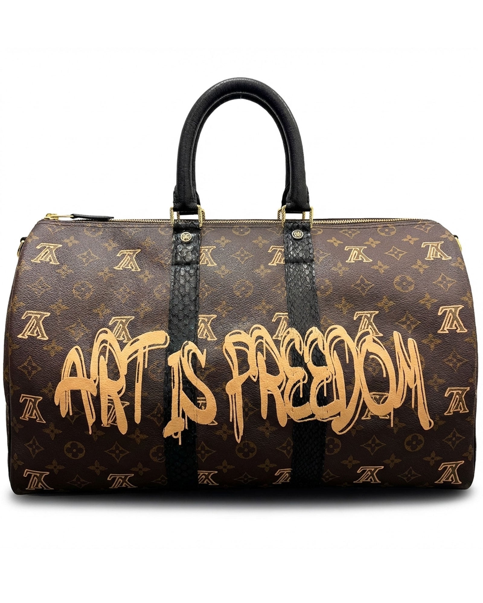 Philip Karto PK.04 Art Is Freedom Keepall bag in beige with embroidered statement on vintage Louis Vuitton monogram canvas
