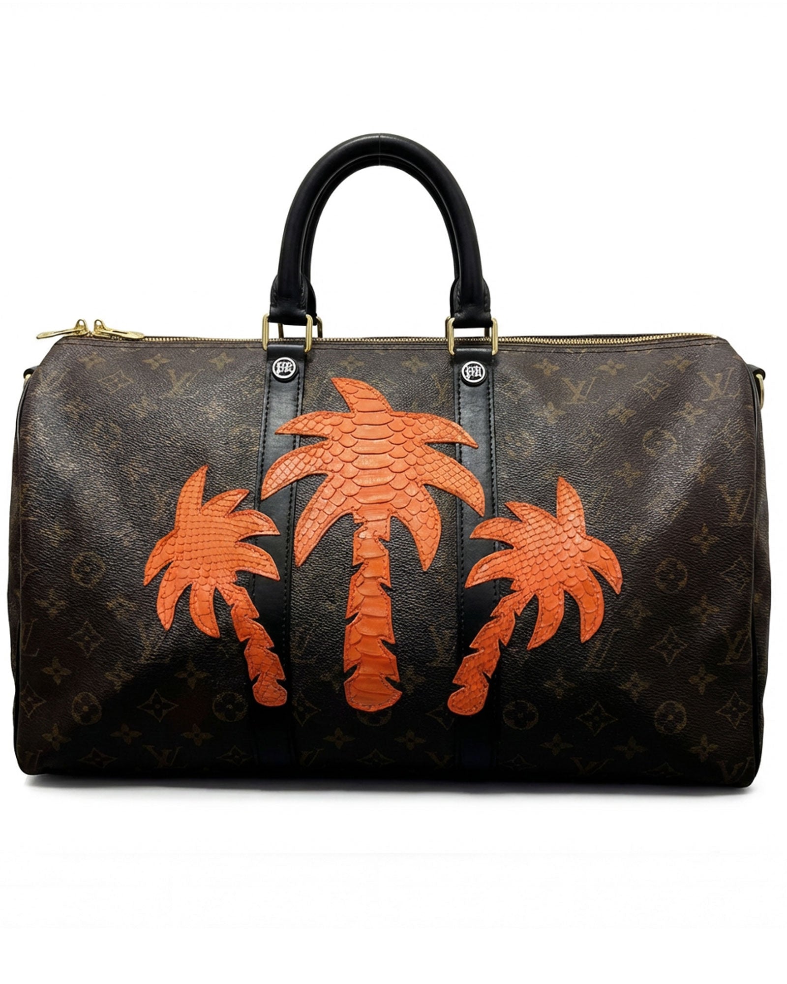 Philip Karto PK.05 Palms Python Keepall bag with python leather palm patches in orange on vintage Louis Vuitton monogram canvas