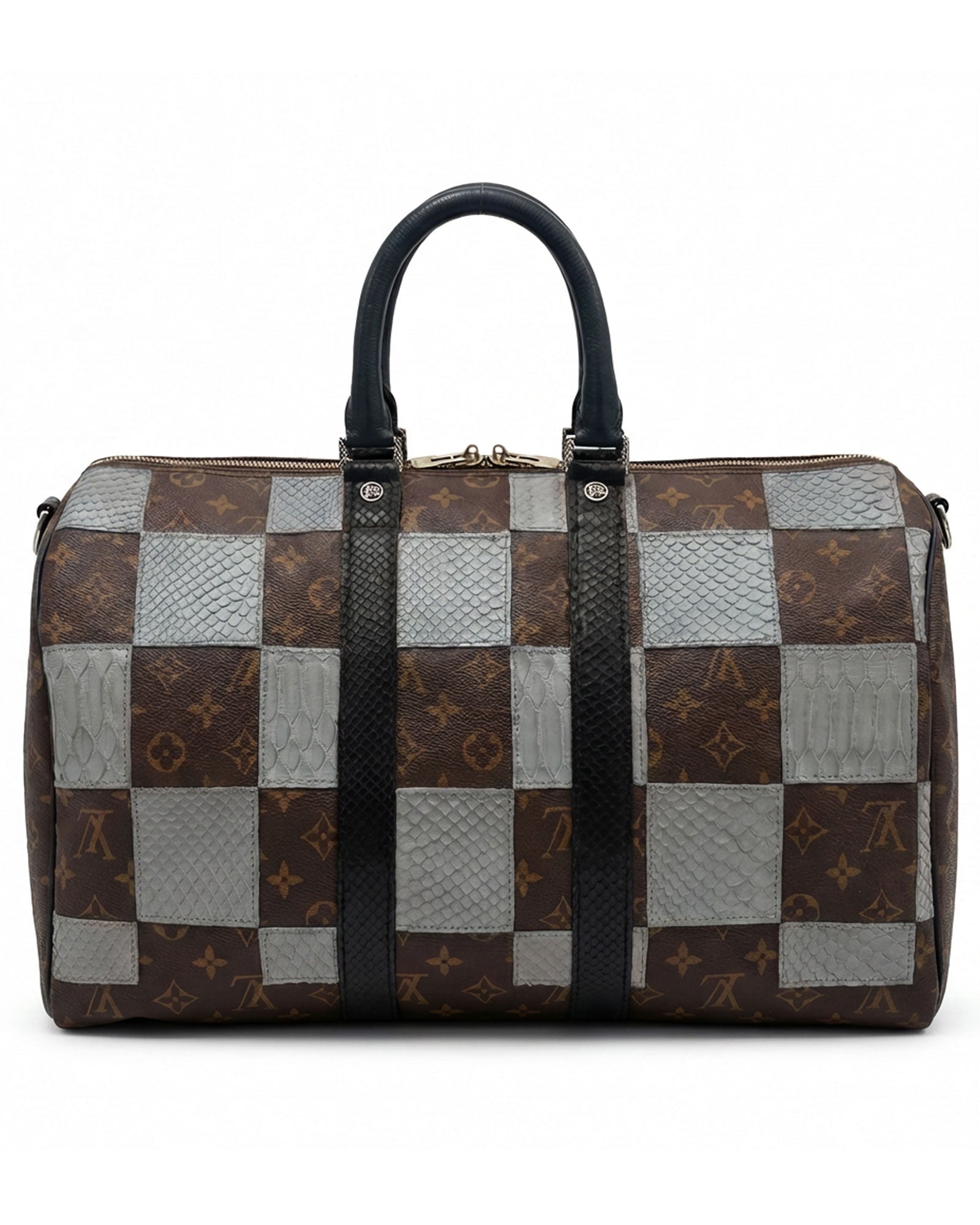 Philip Karto PK.05 Square Python Keepall bag in gray with patchwork python leather grid on vintage Louis Vuitton monogram canvas