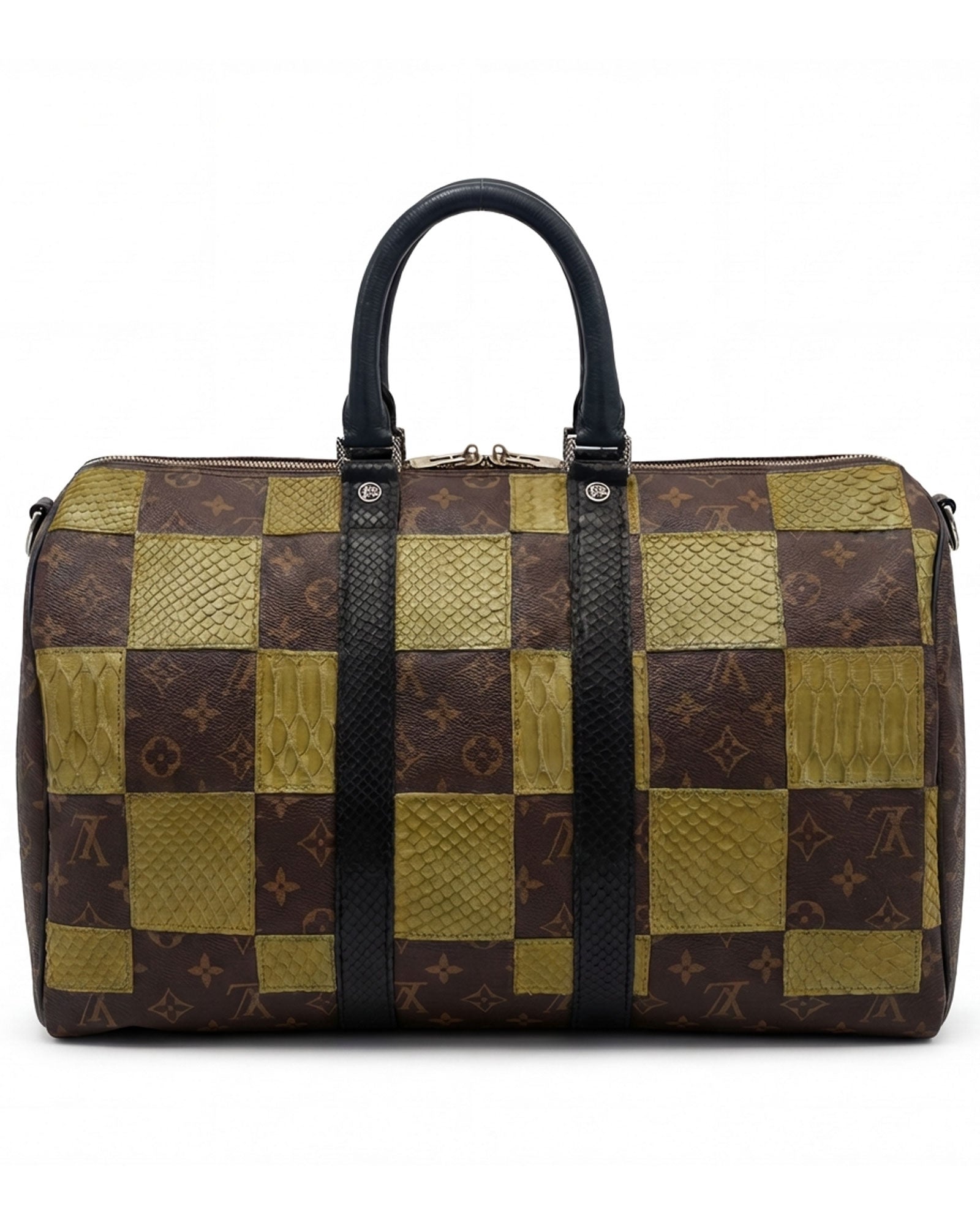 Philip Karto PK.05 Square Python Keepall bag in olive with patchwork python leather grid on vintage Louis Vuitton monogram canvas
