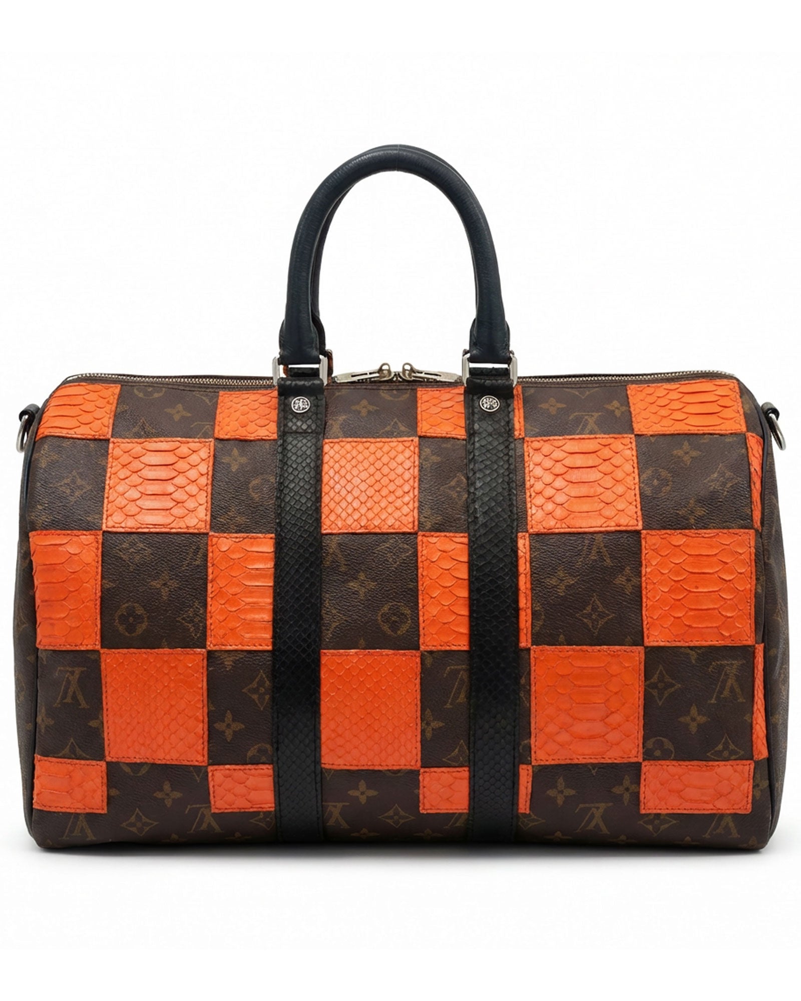 Philip Karto PK.05 Square Python Keepall bag in orange with patchwork python leather grid on vintage Louis Vuitton monogram canvas