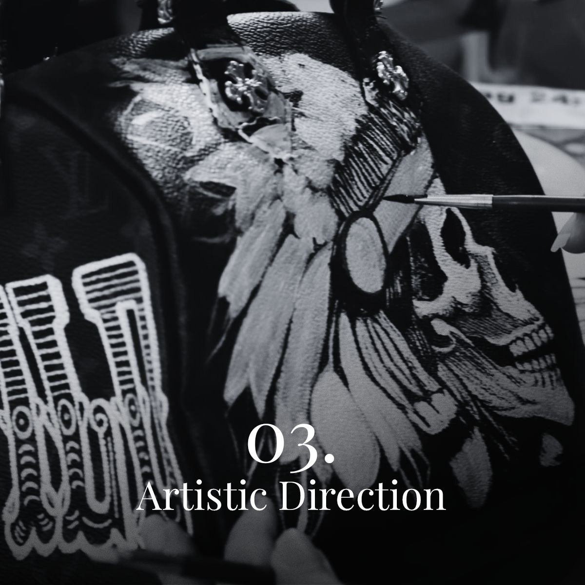 black and white photography showing tje artistic direction dtails of The Philip Karto Atelier on a Vuitton Monogram bag