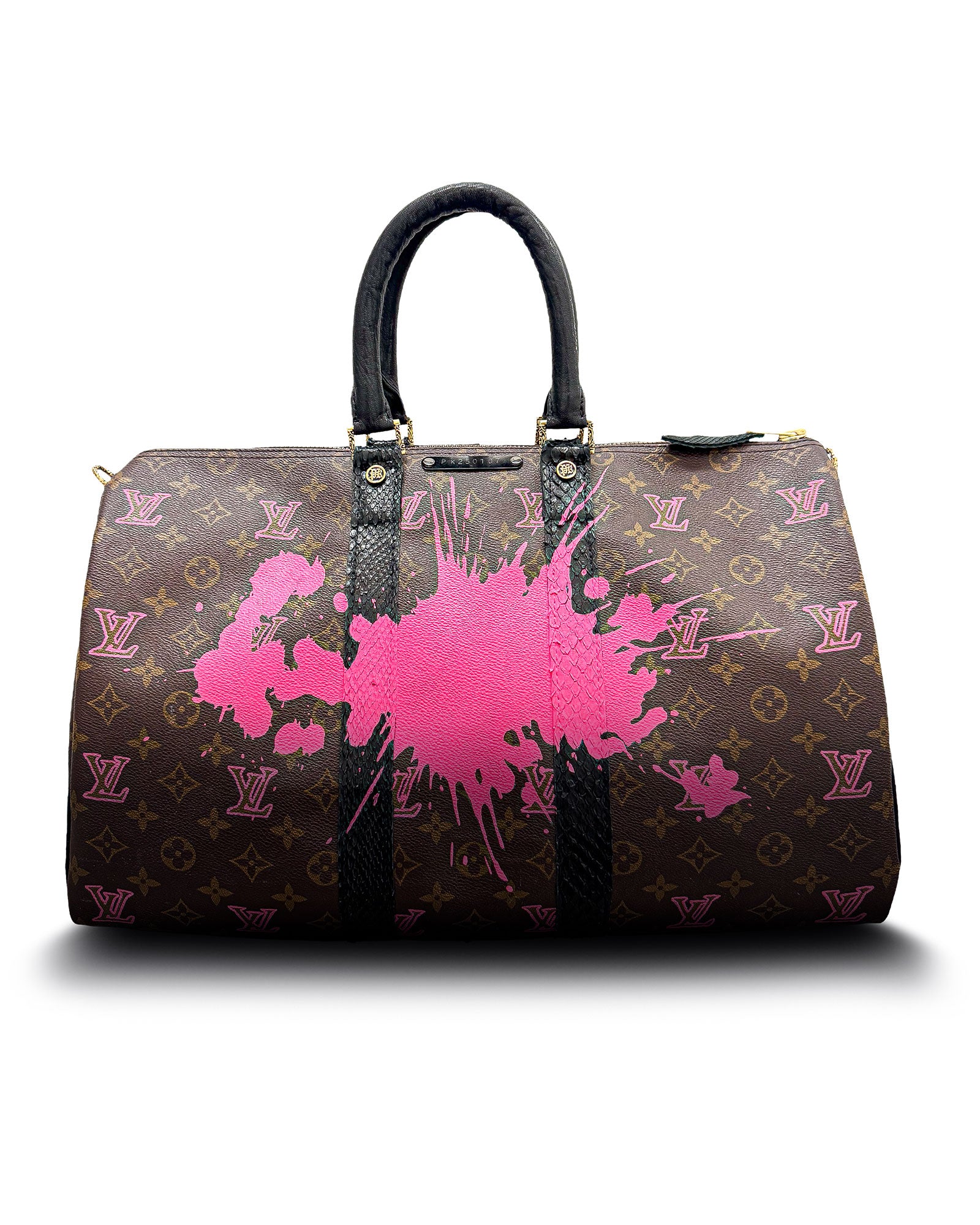 Philip Karto vintage Louis Vuitton handbag with pink splatter design and monogram on a white background