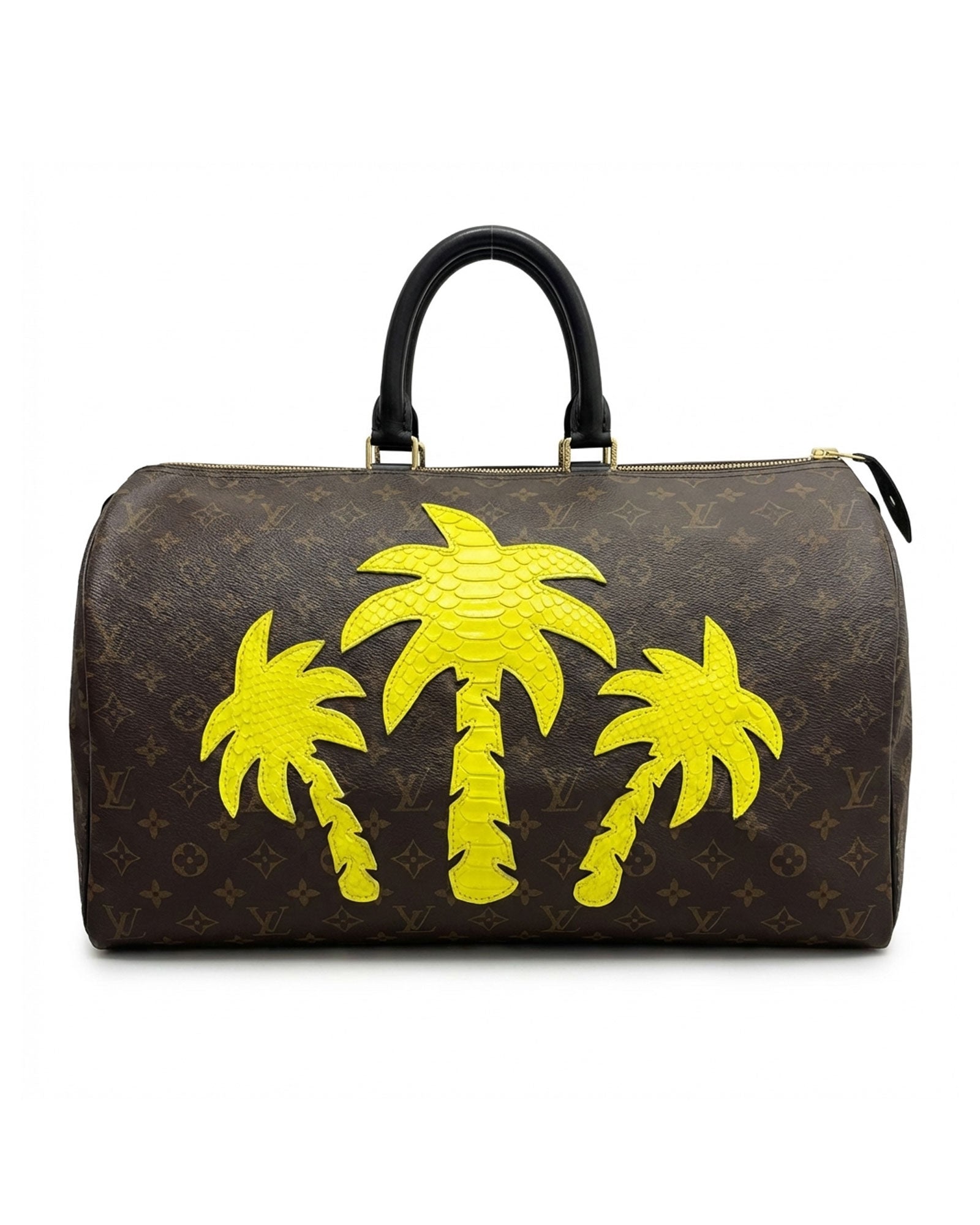 Philip Karto PK.05 Palms Python Speedy bag in yellow with python leather palm patches on vintage Louis Vuitton monogram canvas