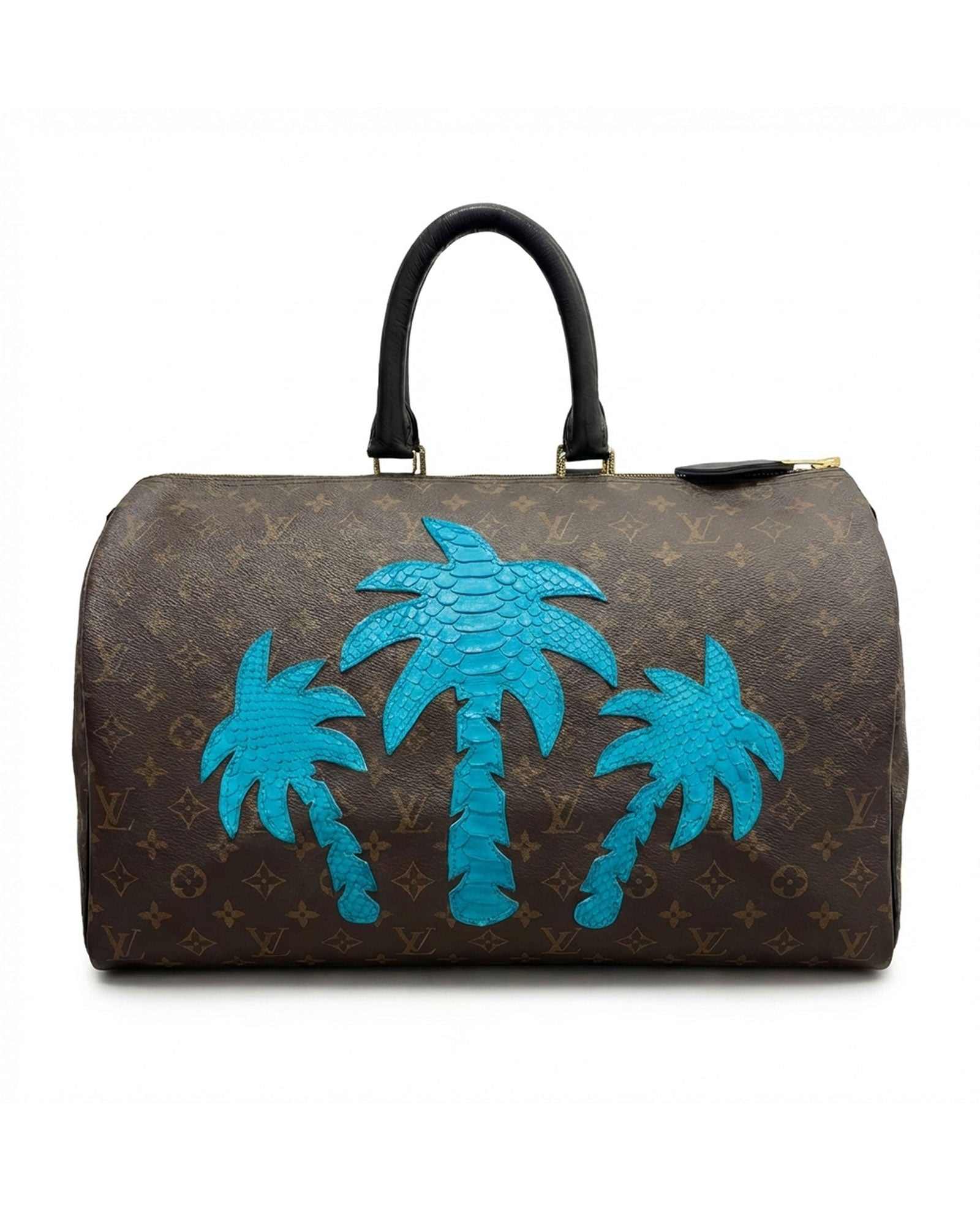 Philip Karto PK.05 Palms Python Speedy bag in blue with python leather palm patches on vintage Louis Vuitton monogram canvas