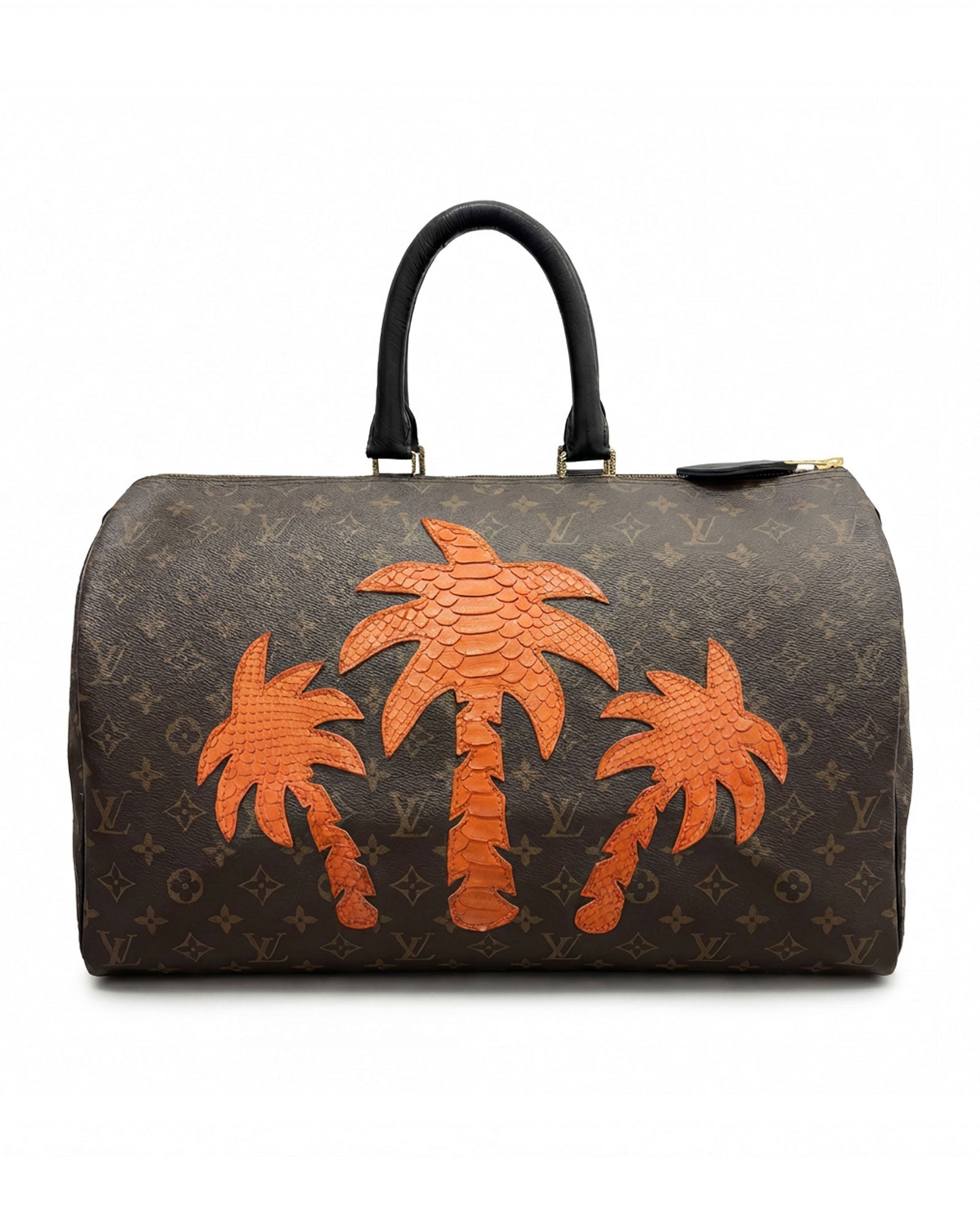 Philip Karto PK.05 Palms Python Speedy bag in orange with python leather palm patches on vintage Louis Vuitton monogram canvas