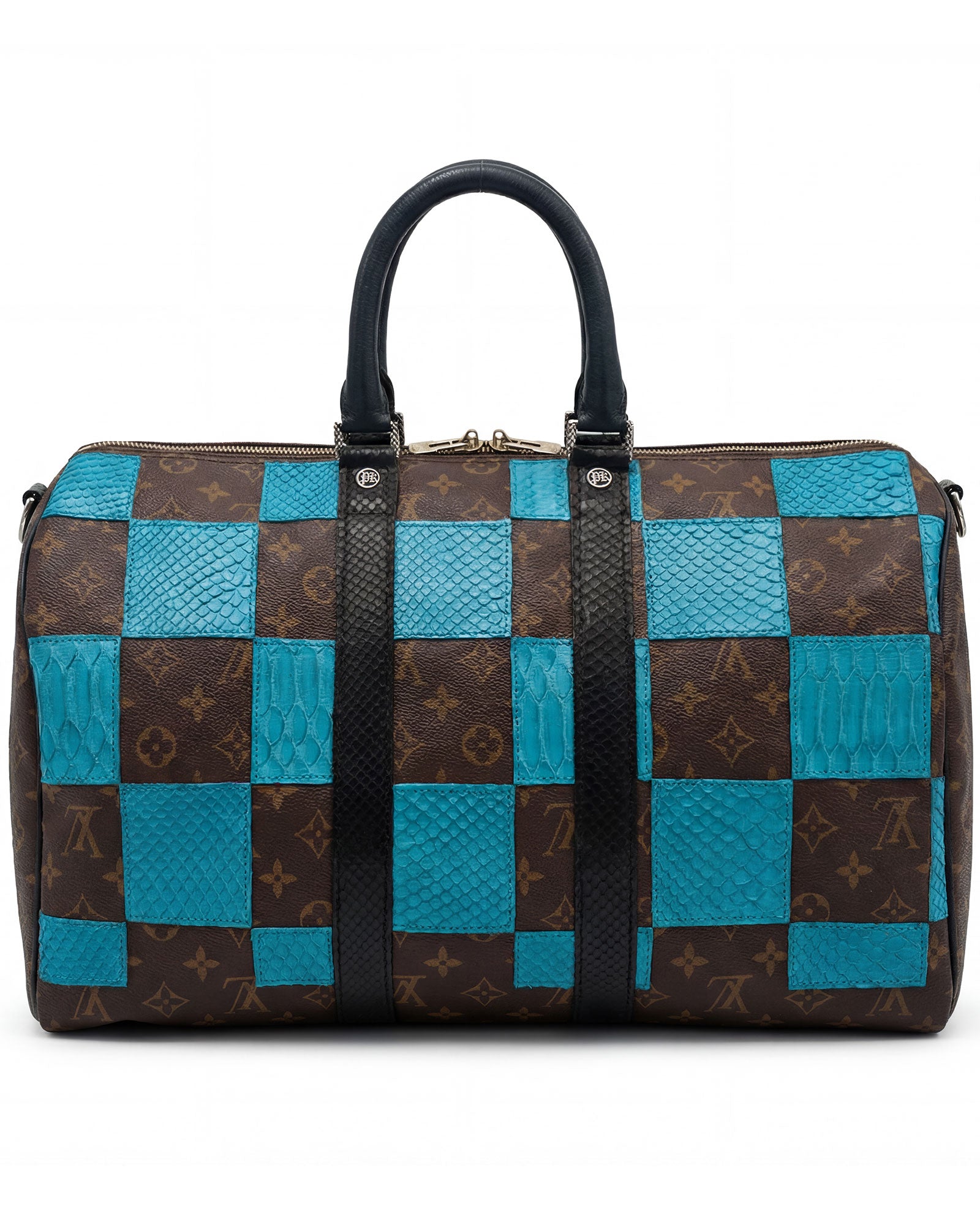 Philip Karto PK.05 Square Python Speedy bag in blue with patchwork python leather grid on vintage Louis Vuitton monogram canvas