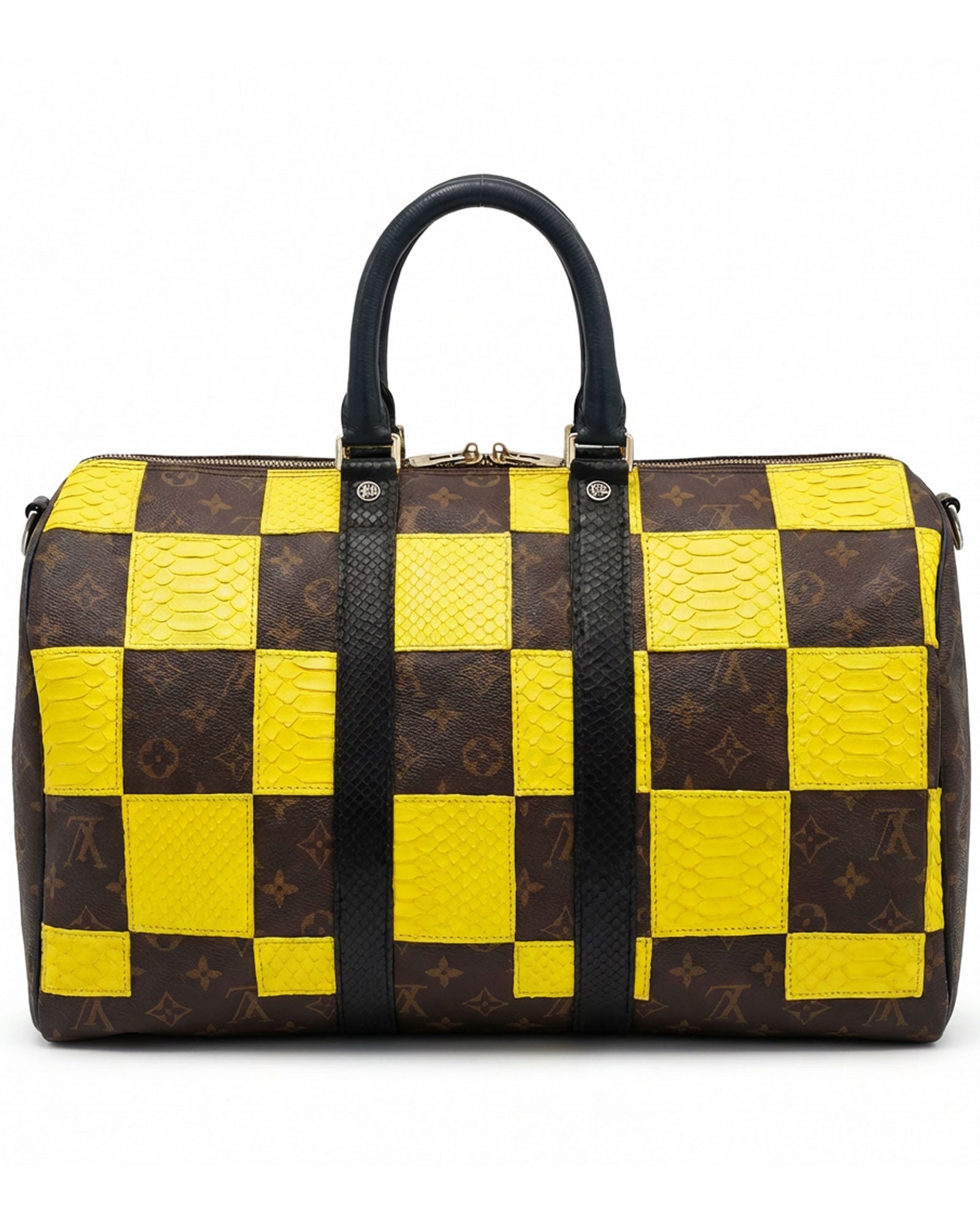 Philip Karto PK.05 Square Python Speedy bag in yellow with patchwork python leather grid on vintage Louis Vuitton monogram canvas