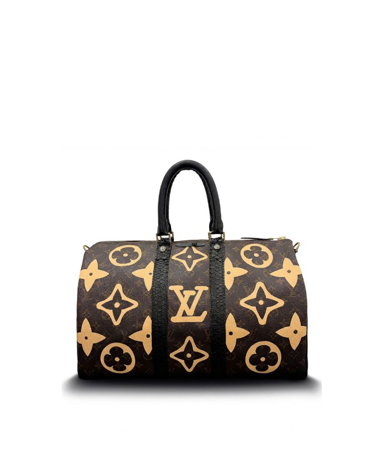 Philip Karto PK.04 Palms Speedy bag with painted LV monogram on this side and embroidered palm motifs on the other side in beige on vintage Louis Vuitton monogram canvas