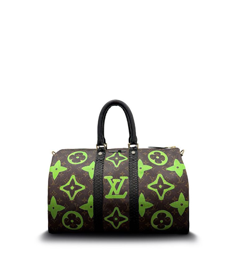 Philip Karto PK.04 Palms Speedy bag in green with painted LV monogram on this side and embroidered palm motifs on the other side on vintage Louis Vuitton monogram canvas