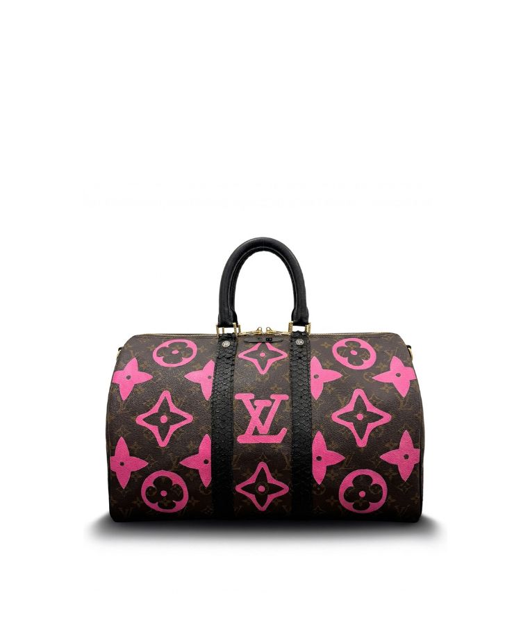 Philip Karto PK.04 Palms Speedy bag in pink with painted LV monogram on this side and embroidered palm motifs on the other side on vintage Louis Vuitton monogram canvas