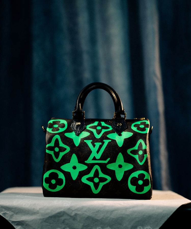 LV Speedy 30 upcycled handbag with green pattern on a dark background by Philip Karto