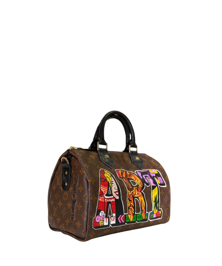 Half side view of Philip Karto PK.03 Pop Art Speedy bag created from vintage Louis Vuitton canvas - Word ART on the back side